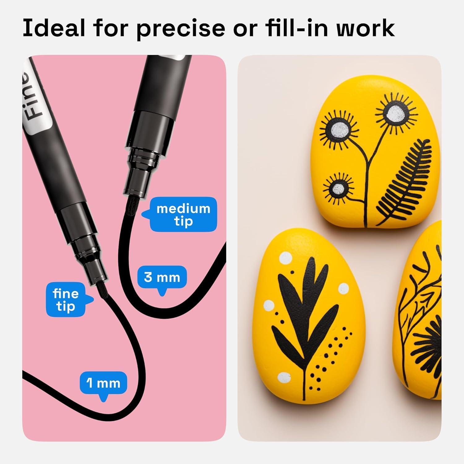 imageARTISTRO 5 White Paint Pen for Rock Painting Stone Ceramic Glass Wood Tire Fabric Metal Canvas Set of 5 Acrylic Paint White Marker Waterbased Extrafine TipBlack