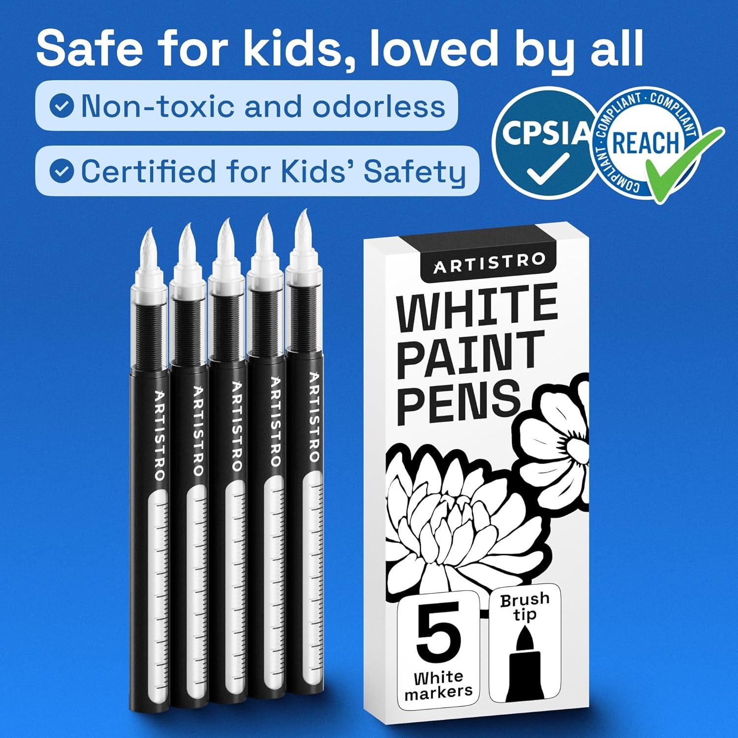 imageARTISTRO 5 White Paint Pen for Rock Painting Stone Ceramic Glass Wood Tire Fabric Metal Canvas Set of 5 Acrylic Paint White Marker Waterbased Extrafine TipWhite