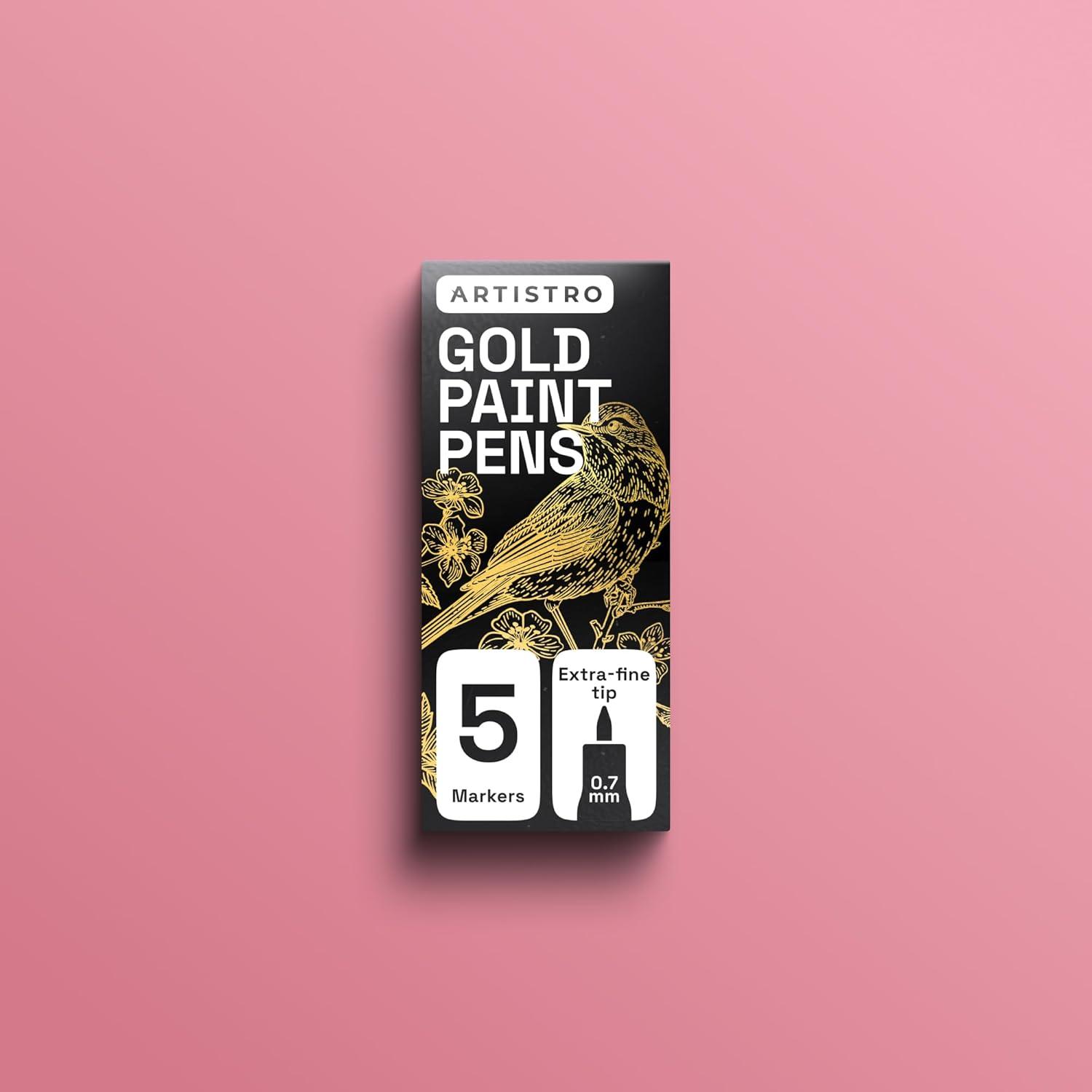 imageARTISTRO 5 White Paint Pen for Rock Painting Stone Ceramic Glass Wood Tire Fabric Metal Canvas Set of 5 Acrylic Paint White Marker Waterbased Extrafine TipGold