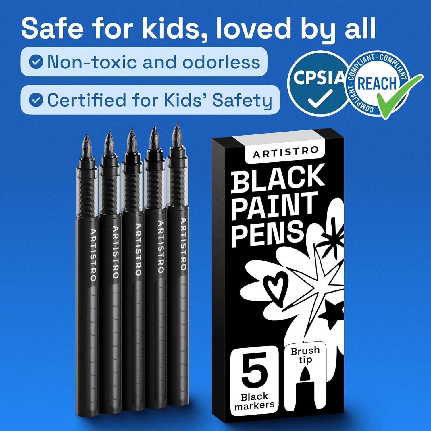 imageARTISTRO 5 White Paint Pen for Rock Painting Stone Ceramic Glass Wood Tire Fabric Metal Canvas Set of 5 Acrylic Paint White Marker Waterbased Extrafine TipBlack