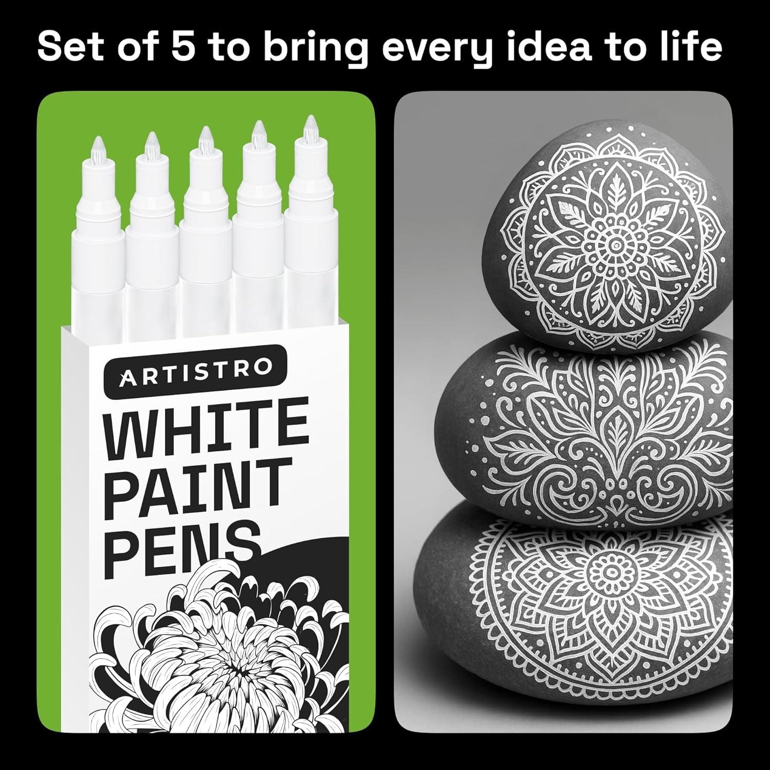imageARTISTRO 5 White Paint Pen for Rock Painting Stone Ceramic Glass Wood Tire Fabric Metal Canvas Set of 5 Acrylic Paint White Marker Waterbased Extrafine TipWhite