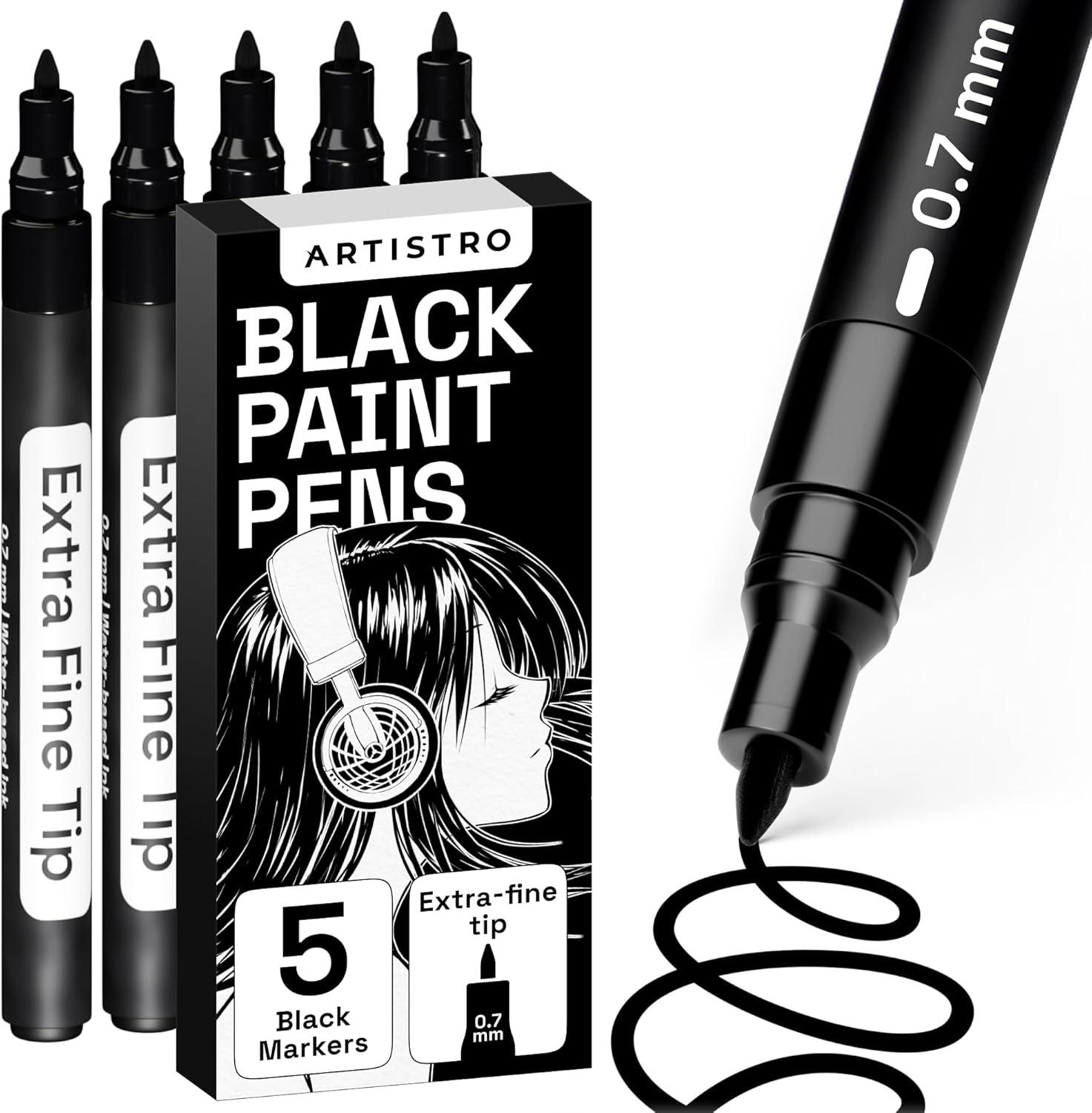 imageARTISTRO 5 White Paint Pen for Rock Painting Stone Ceramic Glass Wood Tire Fabric Metal Canvas Set of 5 Acrylic Paint White Marker Waterbased Extrafine TipBlack