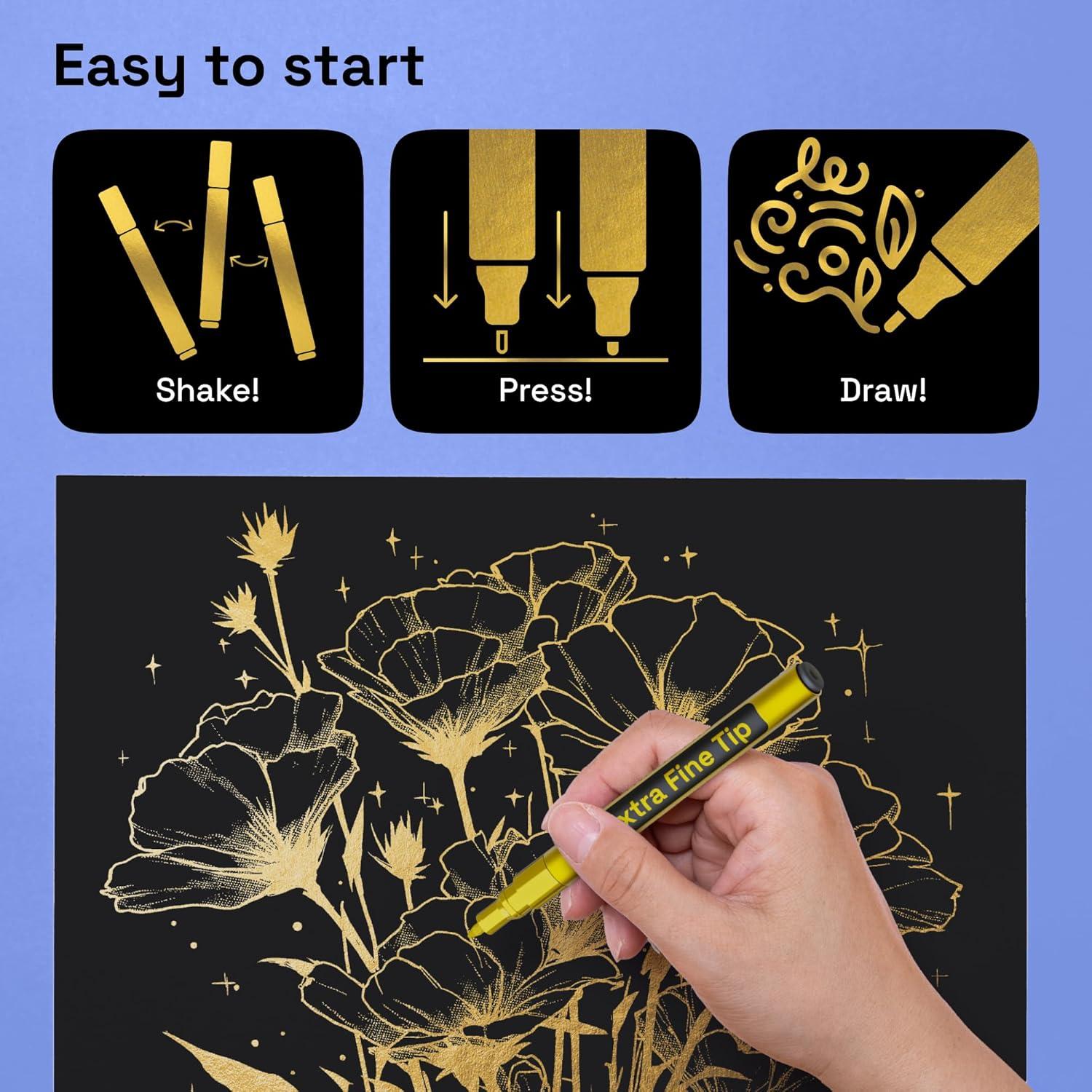 imageARTISTRO 5 White Paint Pen for Rock Painting Stone Ceramic Glass Wood Tire Fabric Metal Canvas Set of 5 Acrylic Paint White Marker Waterbased Extrafine TipGold