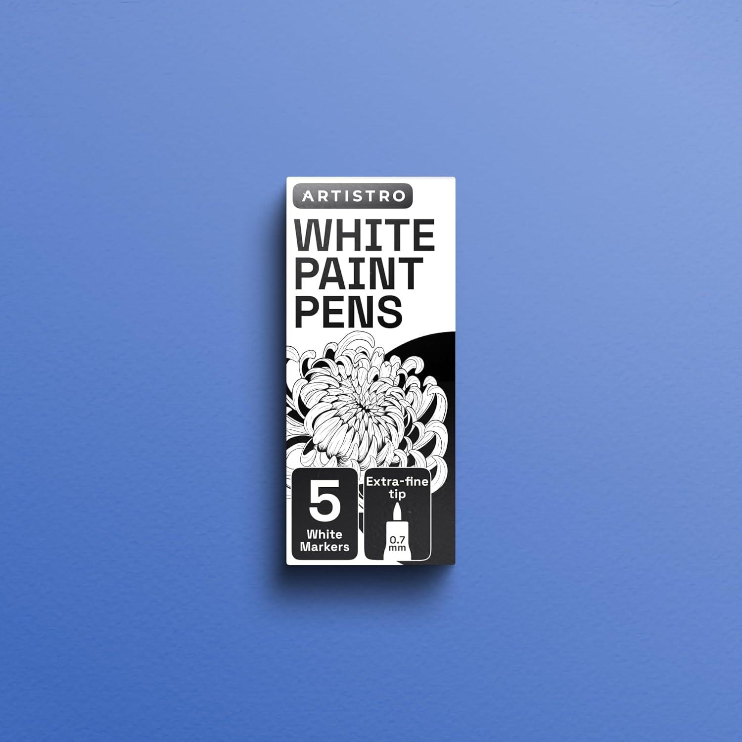 imageARTISTRO 5 White Paint Pen for Rock Painting Stone Ceramic Glass Wood Tire Fabric Metal Canvas Set of 5 Acrylic Paint White Marker Waterbased Extrafine TipWhite