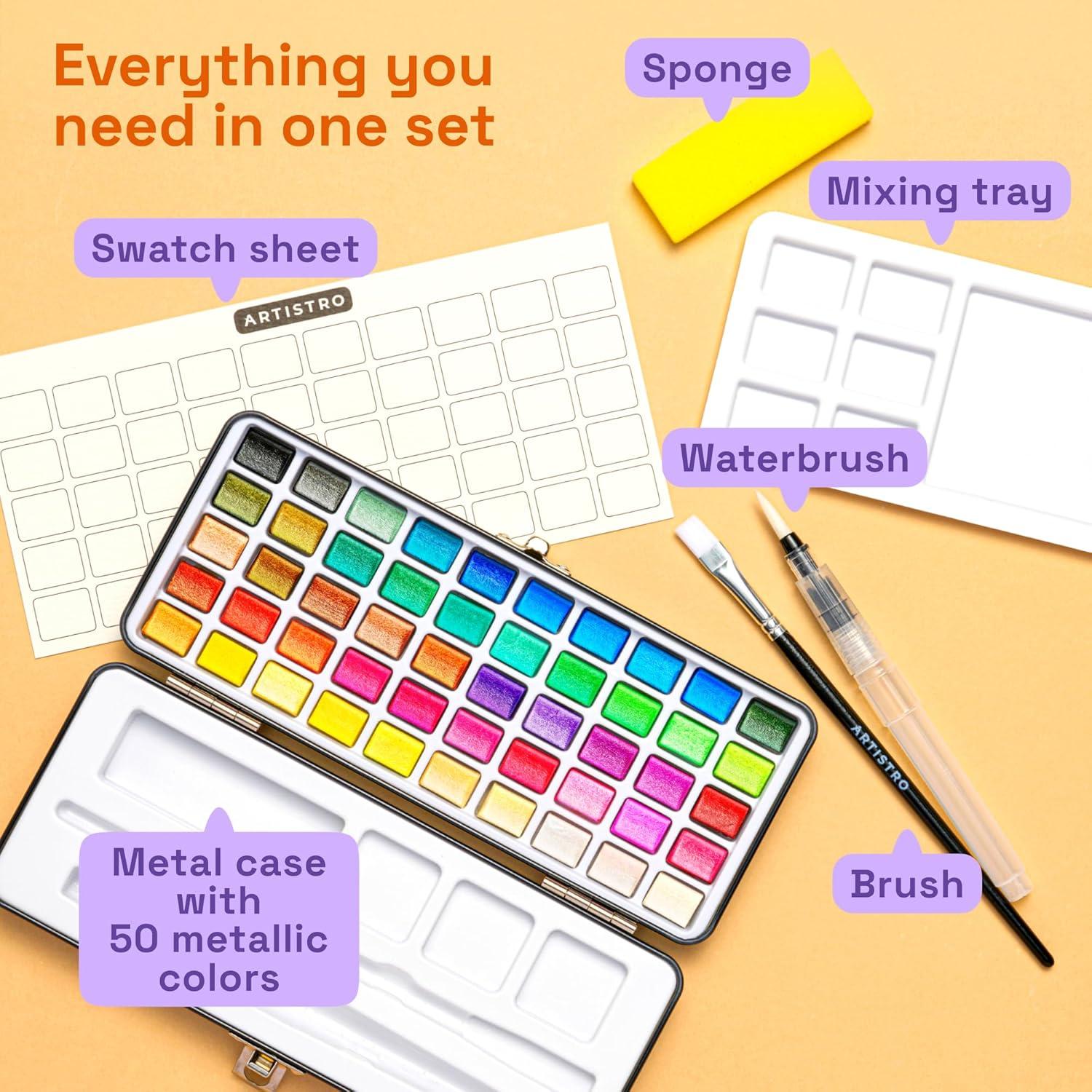 imageARTISTRO 50 Colors Watercolor Paint Set Portable Paint Set with Palette and Brush Pens Travel Water Color Kit for Adults Professionals Kids Art and Painting Supplies Christmas Gift Idea50 Metallic Watercolor Paint Set