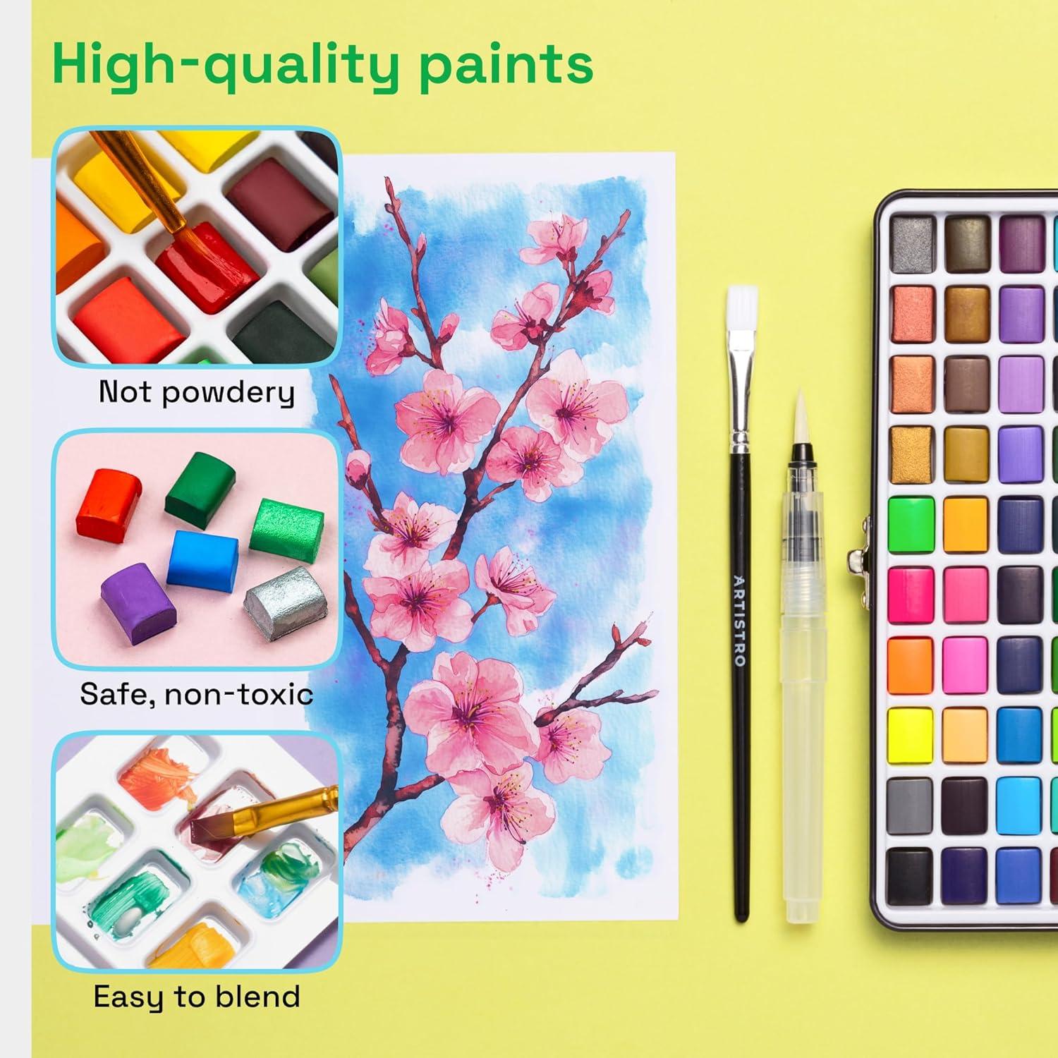 imageARTISTRO 50 Colors Watercolor Paint Set Portable Paint Set with Palette and Brush Pens Travel Water Color Kit for Adults Professionals Kids Art and Painting Supplies Christmas Gift Idea50 Watercolor Paint Set