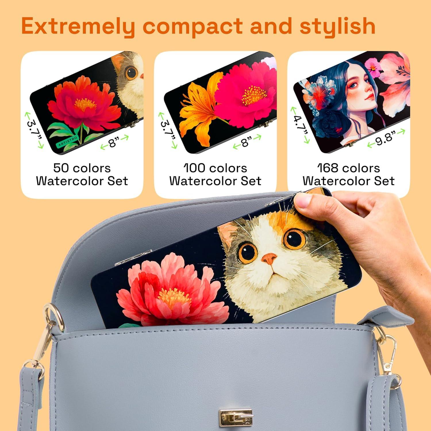 imageARTISTRO 50 Colors Watercolor Paint Set Portable Paint Set with Palette and Brush Pens Travel Water Color Kit for Adults Professionals Kids Art and Painting Supplies Christmas Gift Idea50 Metallic Watercolor Paint Set