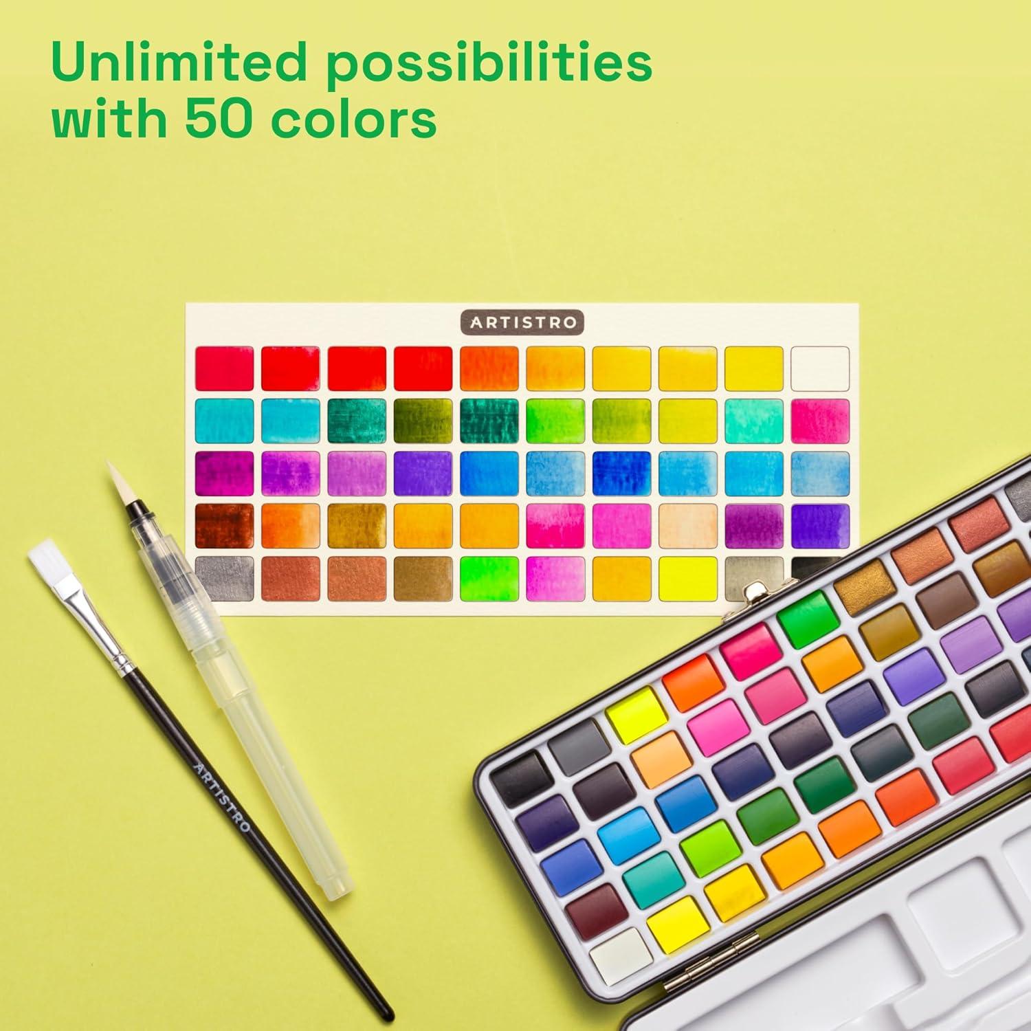 imageARTISTRO 50 Colors Watercolor Paint Set Portable Paint Set with Palette and Brush Pens Travel Water Color Kit for Adults Professionals Kids Art and Painting Supplies Christmas Gift Idea50 Watercolor Paint Set