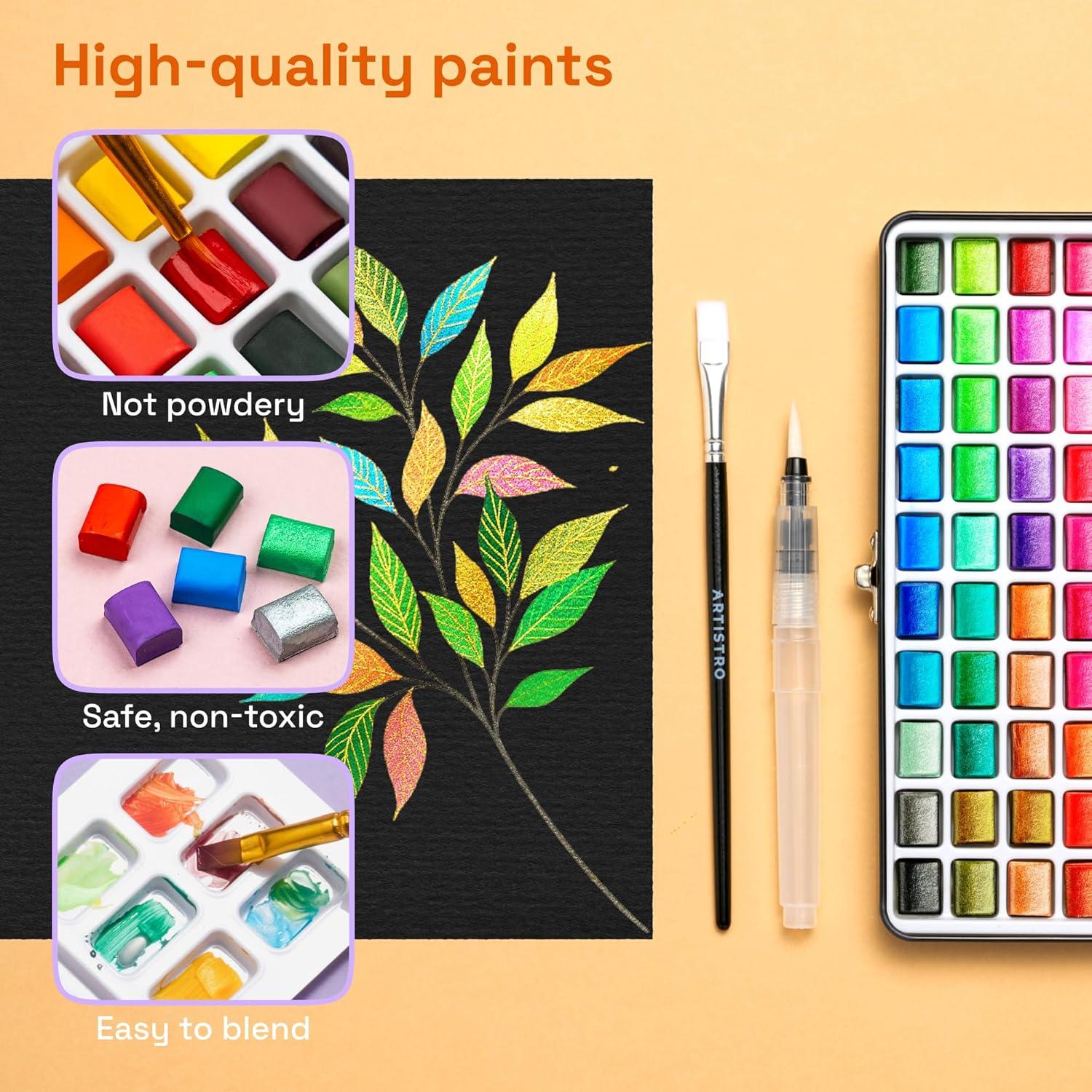 imageARTISTRO 50 Colors Watercolor Paint Set Portable Paint Set with Palette and Brush Pens Travel Water Color Kit for Adults Professionals Kids Art and Painting Supplies Christmas Gift Idea50 Metallic Watercolor Paint Set