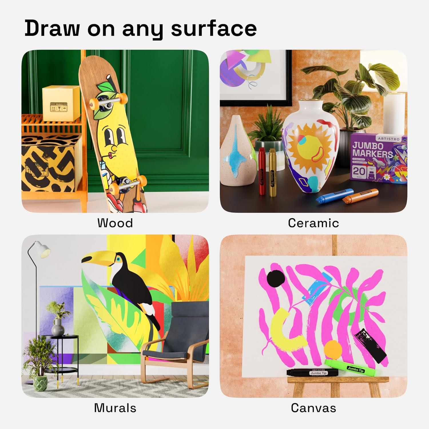 imageARTISTRO 8 Metallic Poster Markers Jumbo Markers Set with 15mm Wide Jumbo Tip for Murals Posters Tagging Rock Wood Plastic Leather Metal Fabric Ceramic20 Jumbo