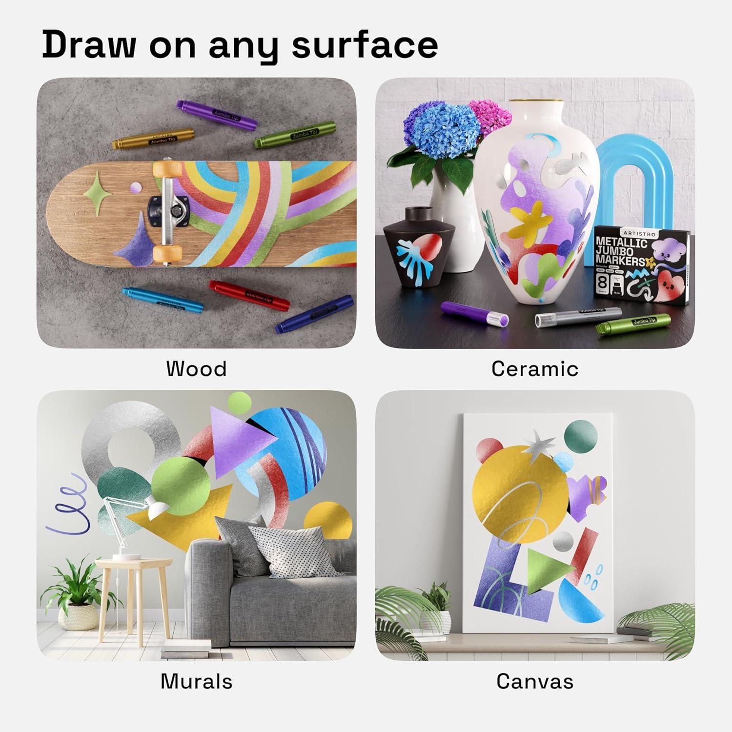 imageARTISTRO 8 Metallic Poster Markers Jumbo Markers Set with 15mm Wide Jumbo Tip for Murals Posters Tagging Rock Wood Plastic Leather Metal Fabric Ceramic8 Jumbo