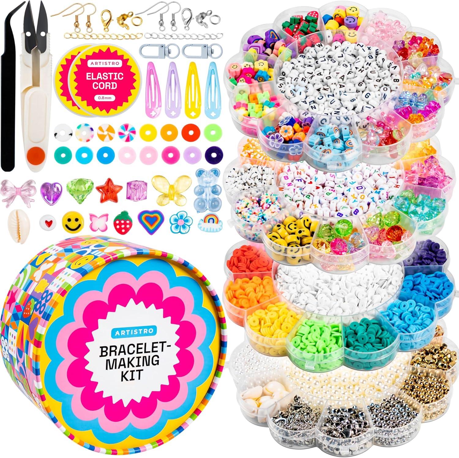 imageARTISTRO Bracelet Making Kit Friendship Bracelet Kit for Jewelry Making with Pearl Beads Clay Beads Letters Stars Flowers Hearts Pink Kandi Beads Set for Girls Boys and AdultsMulticolor