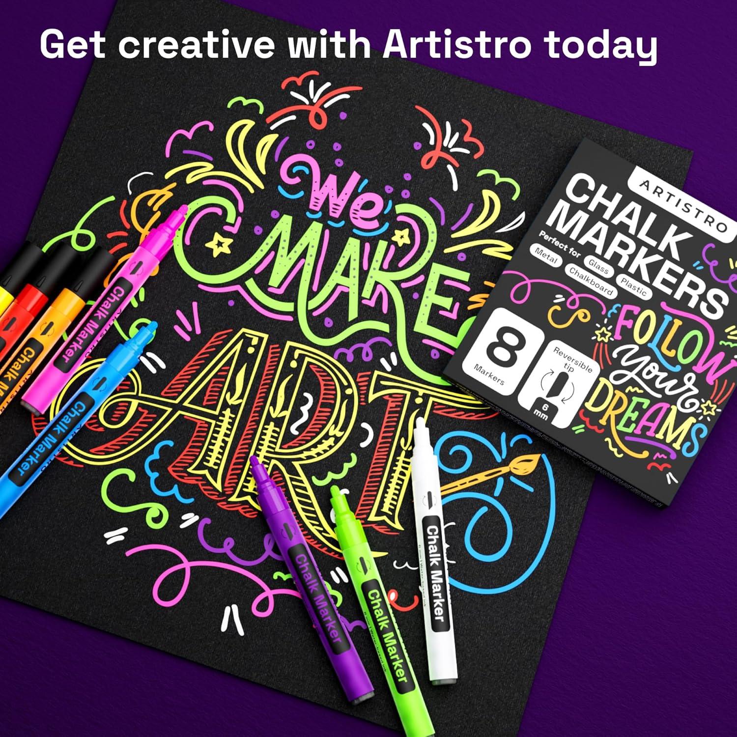 imageARTISTRO Liquid Chalk Markers Erasable PreActivated Medium Tip for Glass or First Day of School Sign Chalkboard Markers with White Chalk for Kids ampamp Adults Chisel Tip