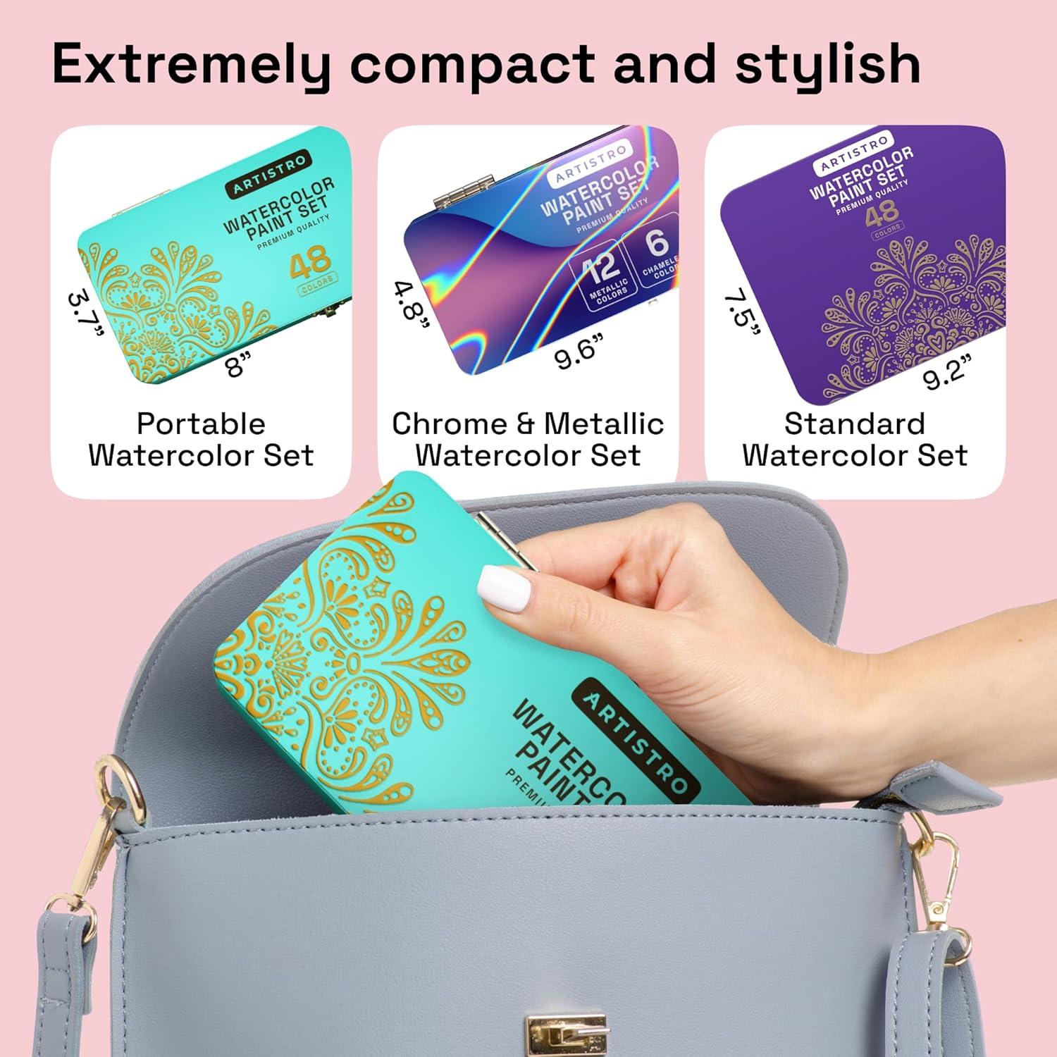 imageARTISTRO Metallic Watercolor Paints Set of 18 Palette set Including 12 Metallic Glitter Watercolor and 6 Chameleon Colors Perfect Travel Watercolor Set for Artists Amateur Hobbyists and Painting Lovers48 colors Portable Travel Mint