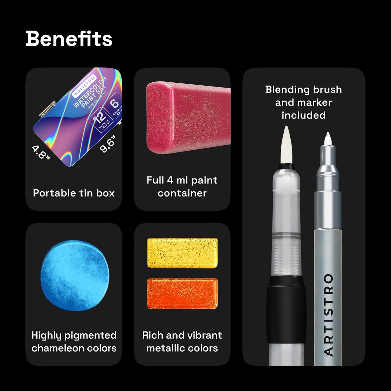 imageARTISTRO Metallic Watercolor Paints Set of 18 Palette set Including 12 Metallic Glitter Watercolor and 6 Chameleon Colors Perfect Travel Watercolor Set for Artists Amateur Hobbyists and Painting Lovers18 colors Metallic Portable Travel