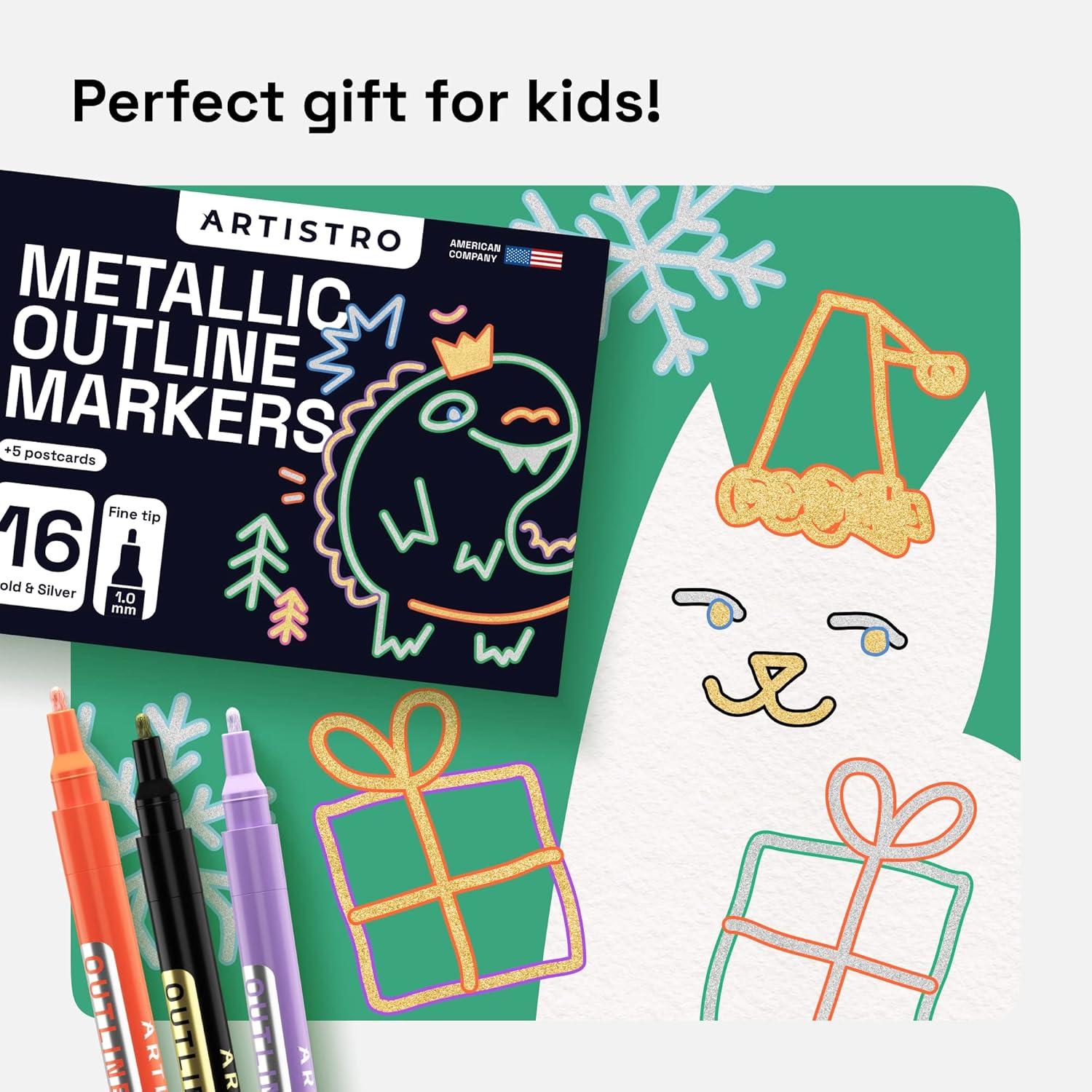 imageARTISTRO Outline Markers 16 Metallic Outline Pens 5 Cards Perfect for Doodling Drawing and Calligraphy