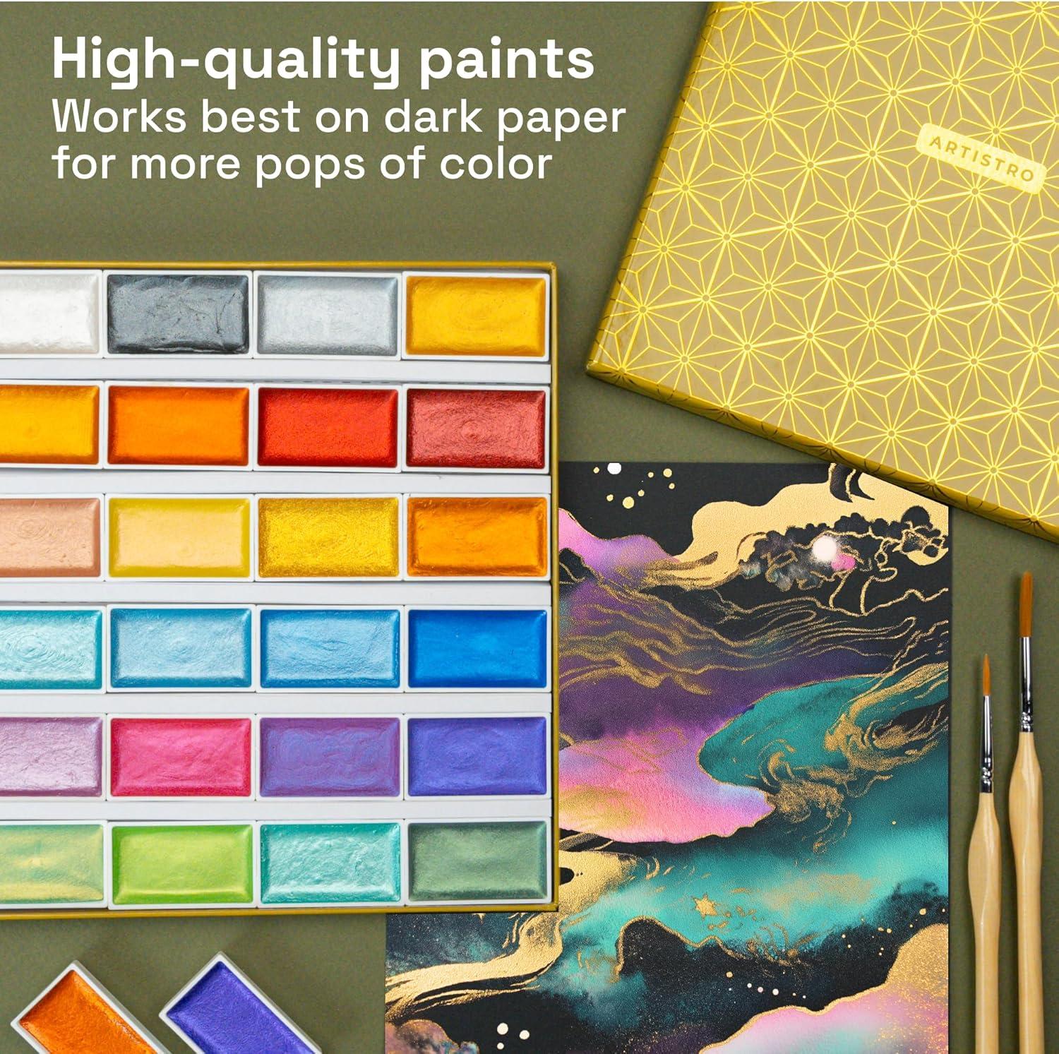 imageARTISTRO Professional Watercolor Paint Set for Adults 48 PigmentRich Colors XL Pans ASTMI Lightfastness High Tinting Strength Watercolor Set for Professionals made by professionals24 Metallic Colors