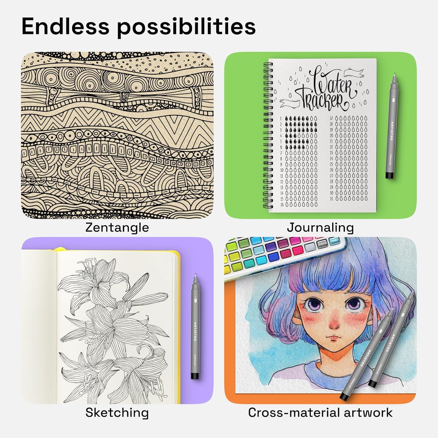 imageARTISTRO Set of 2 Fineliner Pens Black Micro Pens for Drawing Waterproof Archival Ink Ultra Fine Tip Pen for Illustration Technical Pen Sketching Writing Drawing Journaling Pair of Fine Tip2 Pack