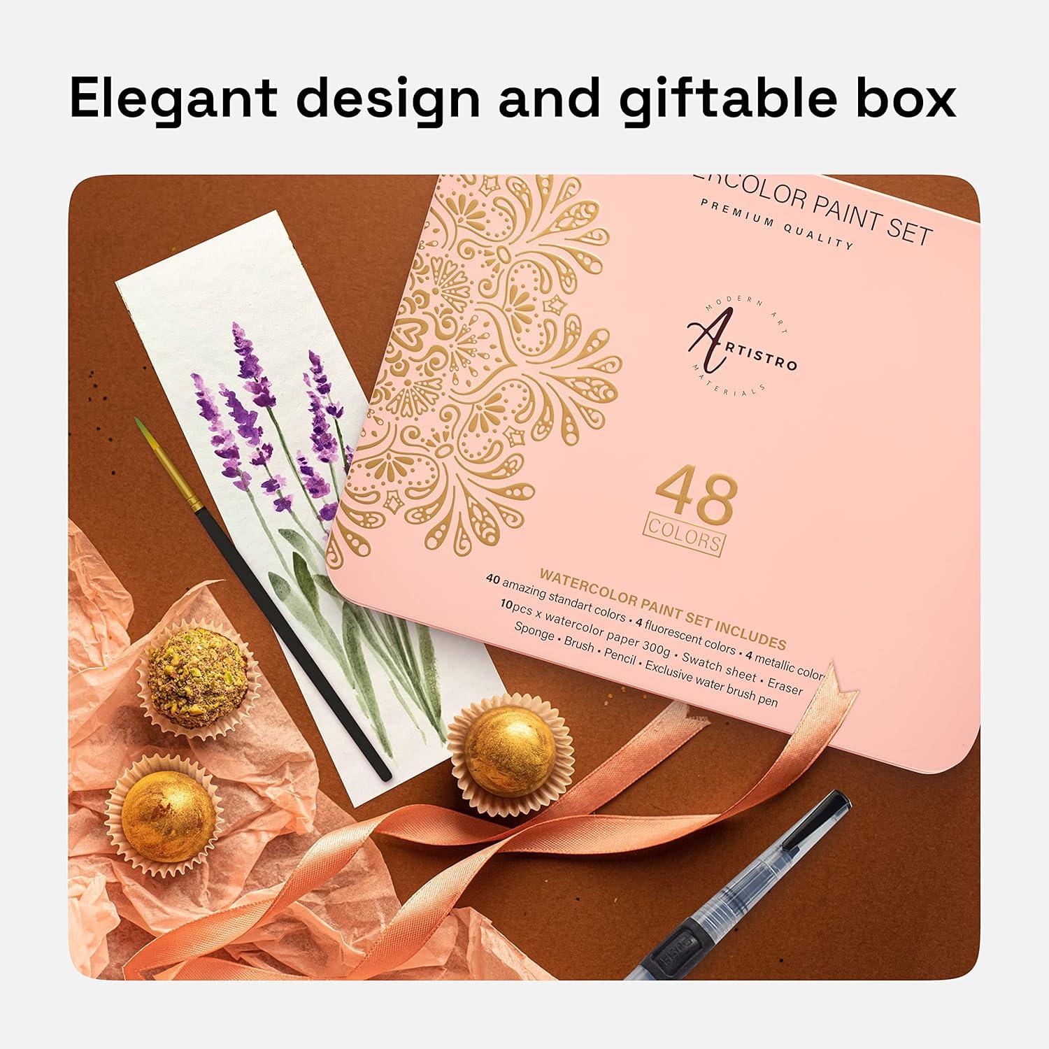 imageARTISTRO Watercolor Paint Set 48 Vivid Colors in Portable Box Including Metallic ampamp Fluorescent Shades Travel Art Kit for Artists Hobbyists ampamp Painting Lovers Premium Home