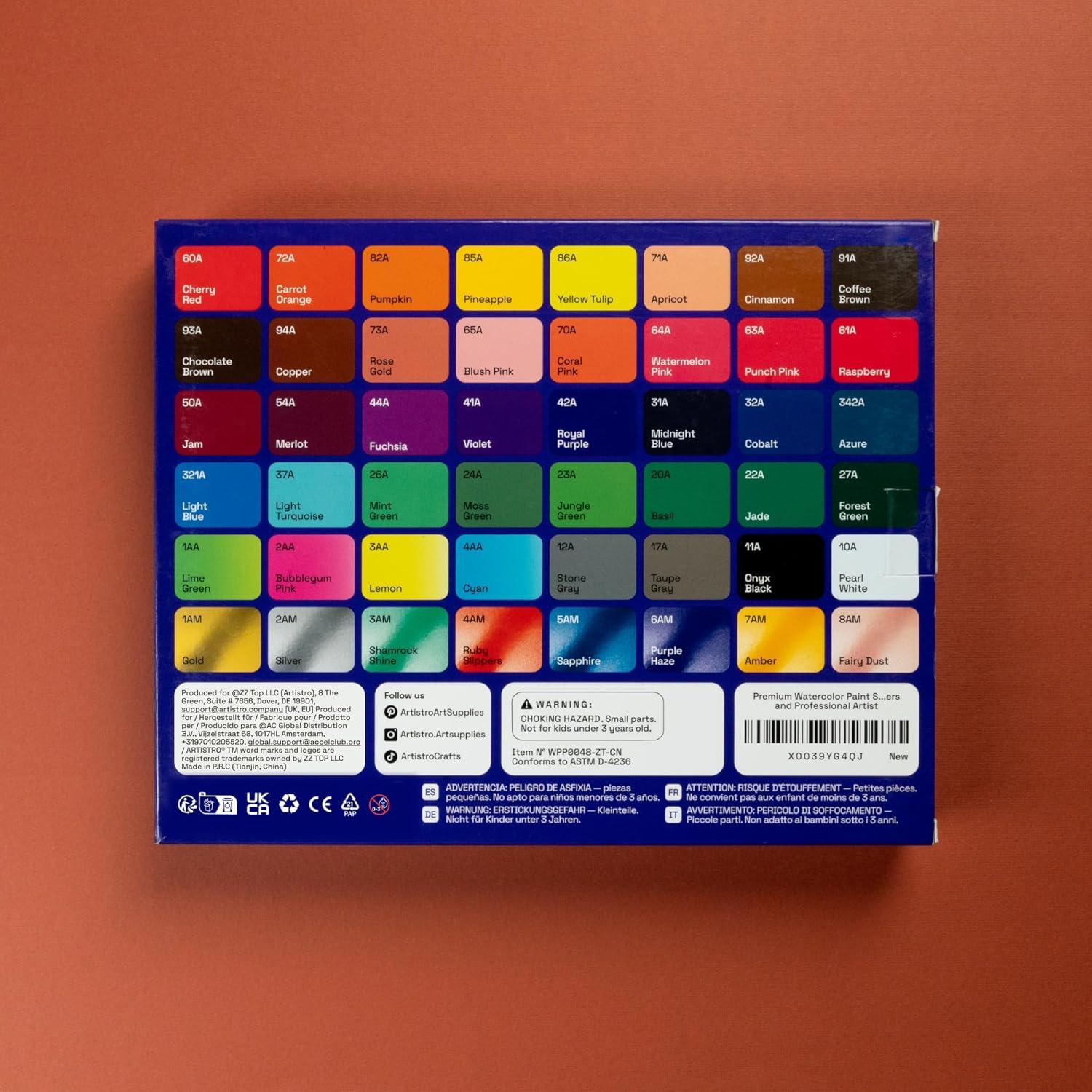 imageARTISTRO Watercolor Paint Set 48 Vivid Colors in Portable Box Including Metallic ampamp Fluorescent Shades Travel Art Kit for Artists Hobbyists ampamp Painting Lovers Premium Home