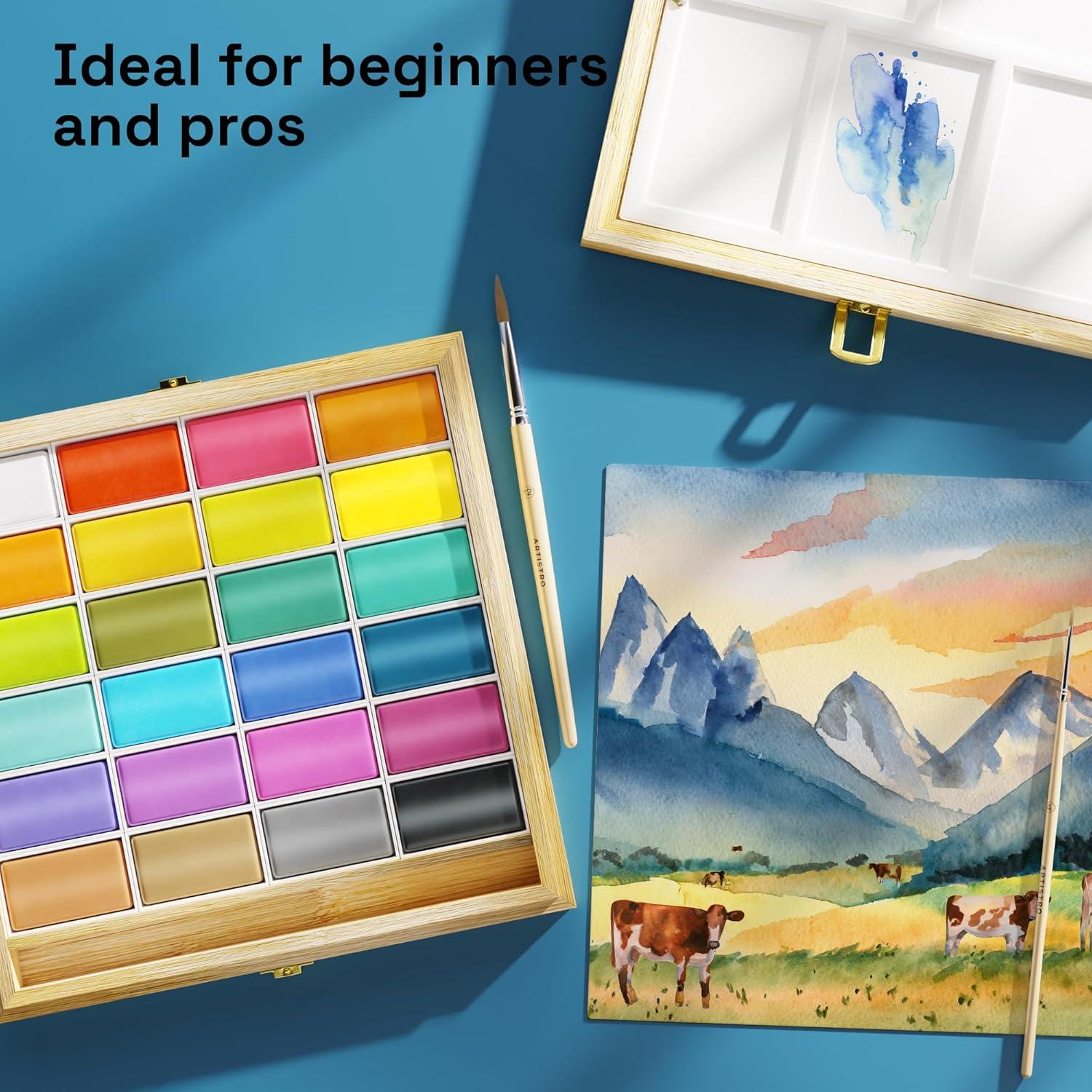 imageARTISTRO x HANNAH MP Professional Watercolor Paint Set Limited Edition with 24 colors in Bamboo Wooden Box 6ml XL Pans 2 Brushes Watercolor Paper Mixing Tray Watercolor Set for Professionals made by professionals