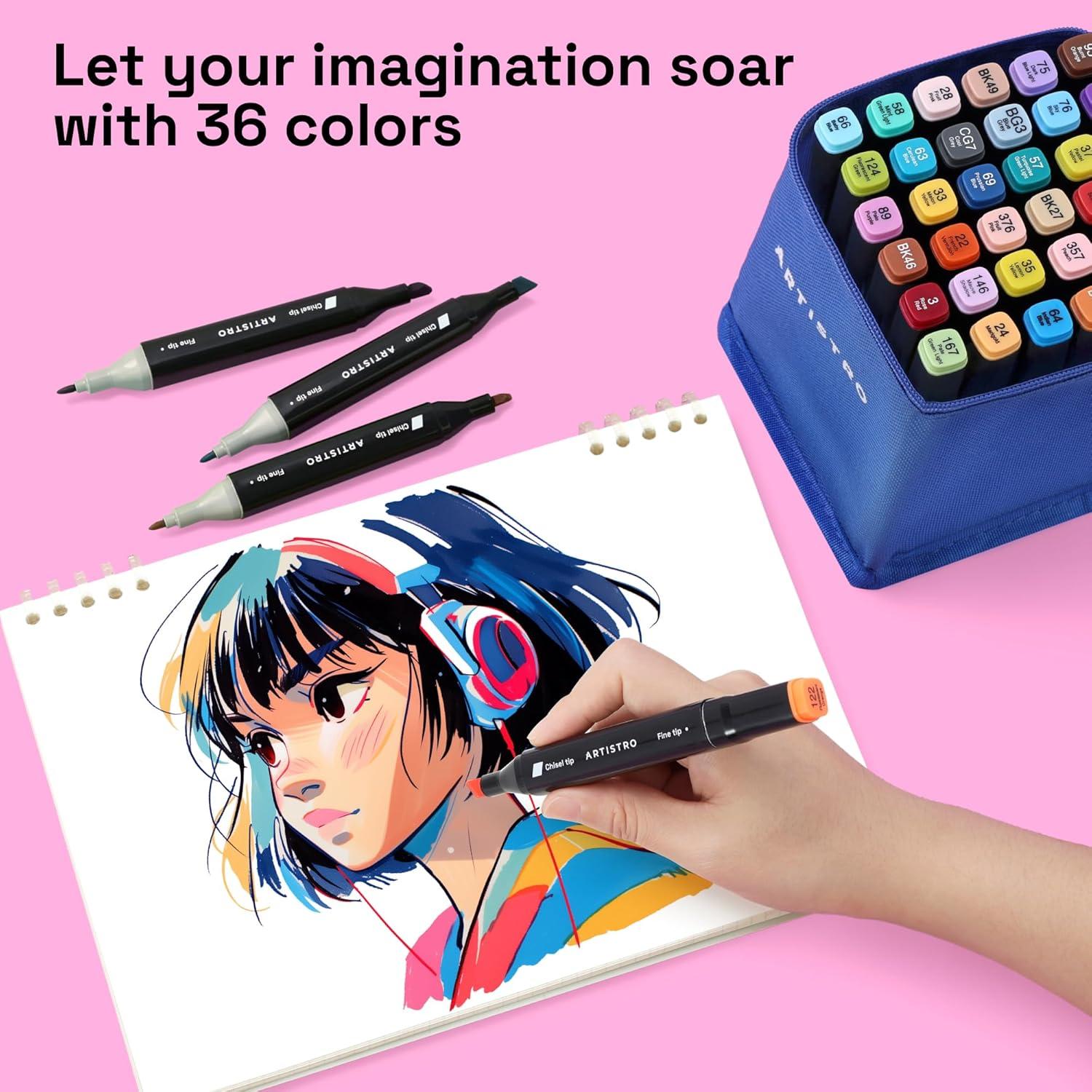 imageAlcohol Dual Tip Markers Set of 36 with No Bleed Ink Bonus Case and Vibrant FadeResistant Colors Art Supplies for Sketching Manga Drawing Adult Coloring Books Card Making Fine ampamp Chisel36 markers