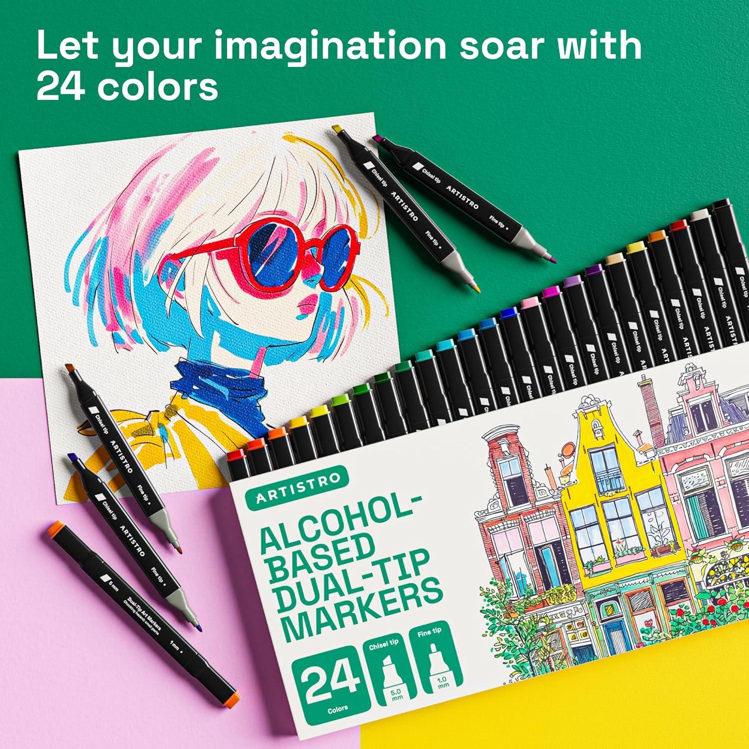 imageAlcohol Dual Tip Markers Set of 36 with No Bleed Ink Bonus Case and Vibrant FadeResistant Colors Art Supplies for Sketching Manga Drawing Adult Coloring Books Card Making Fine ampamp Chisel24 markers