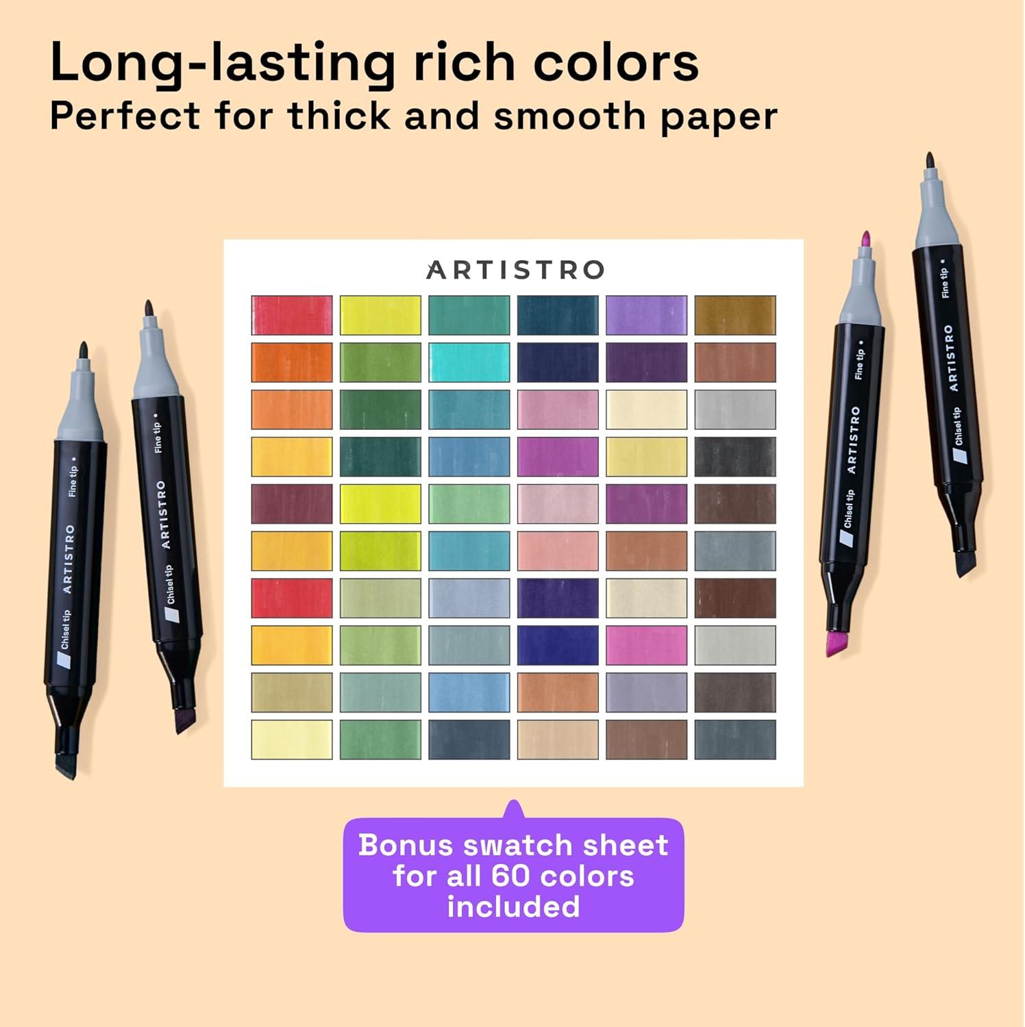 imageAlcohol Dual Tip Markers Set of 60 with No Bleed Ink Bonus Case and Vibrant FadeResistant Colors Art Supplies for Sketching Manga Drawing Adult Coloring Books Card Making Fine ampamp Chisel60 Markers