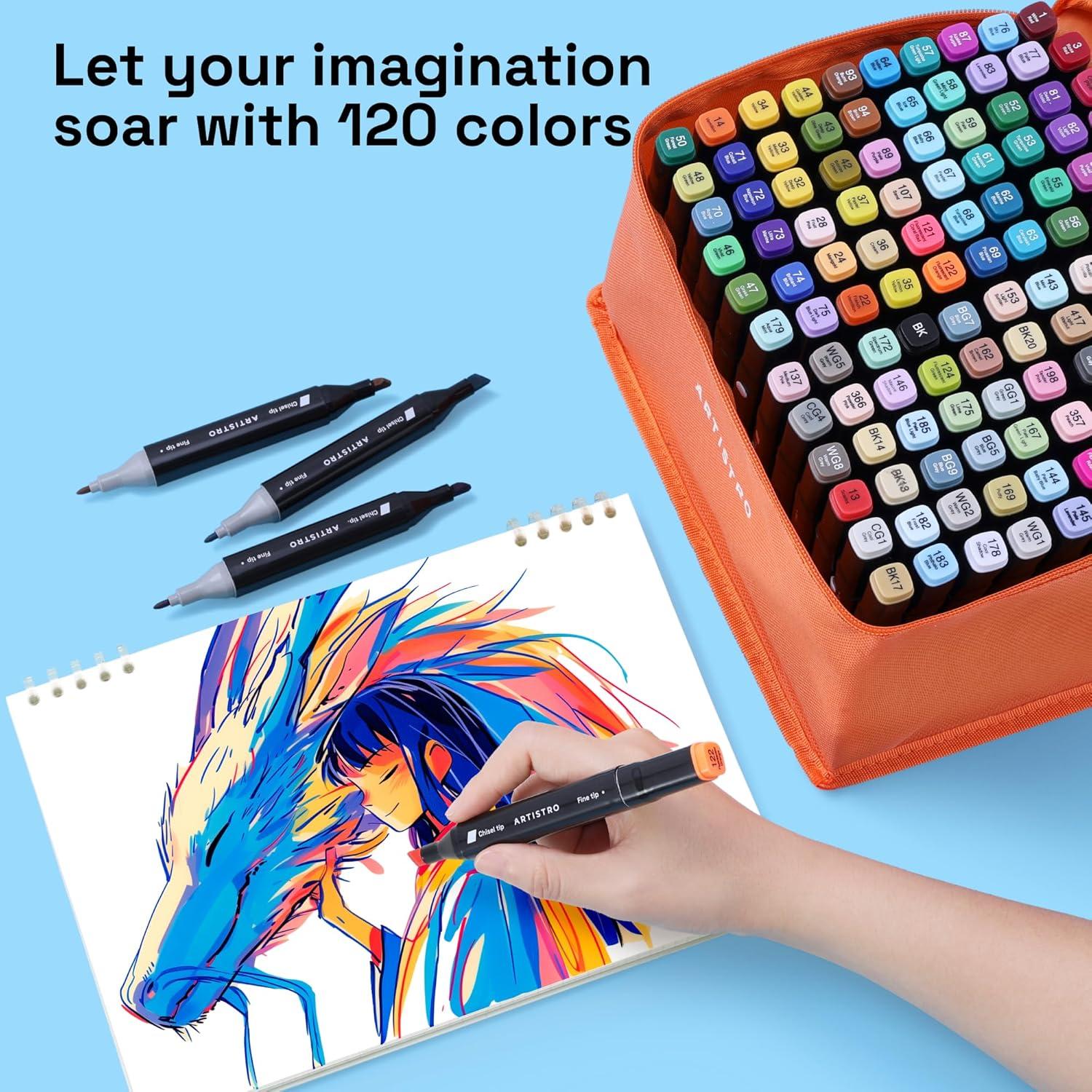 imageAlcohol Dual Tip Markers Set of 60 with No Bleed Ink Bonus Case and Vibrant FadeResistant Colors Art Supplies for Sketching Manga Drawing Adult Coloring Books Card Making Fine ampamp Chisel120 Markers