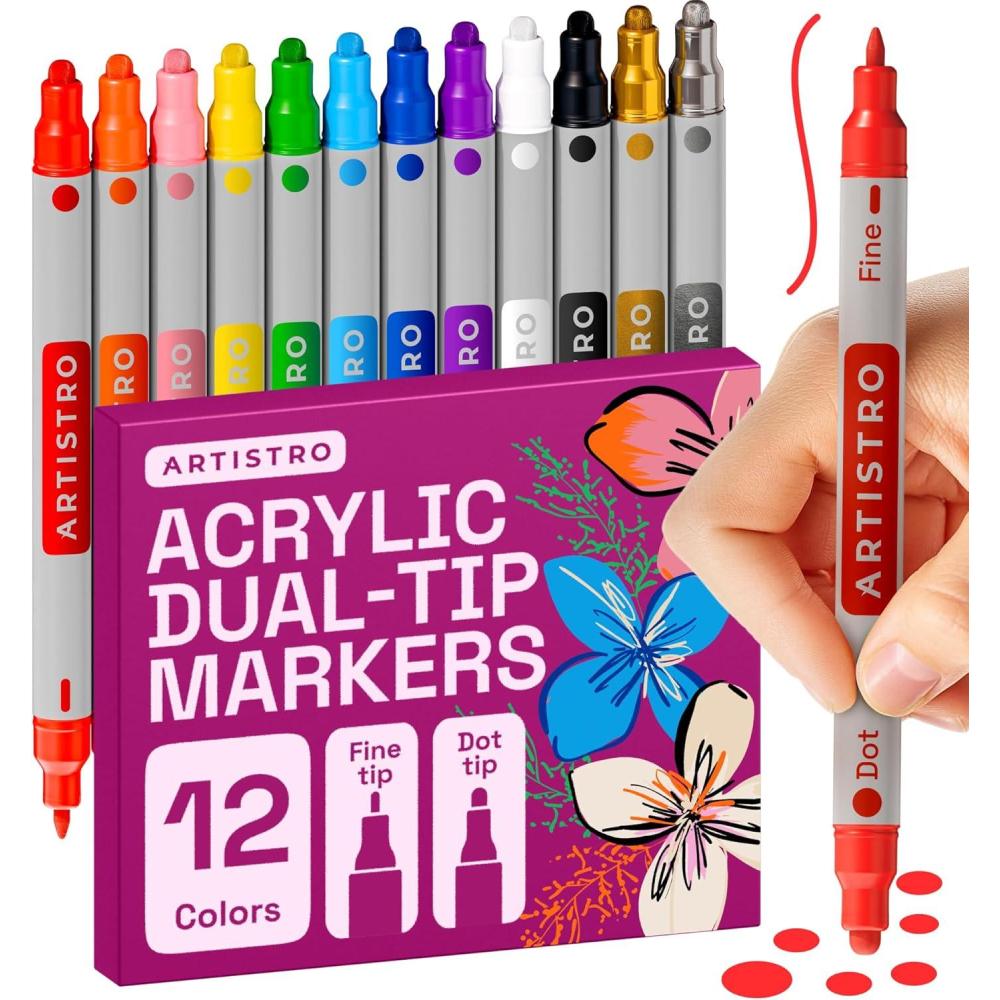 imageARTISTRO 12 Acrylic Paint Markers for Rock Fabric Wood Glass Craft Decoration DualTip Paint Pens Stocking Stuffers Christmas Gift Idea for Teens Grandkids Kids Art Supplies12