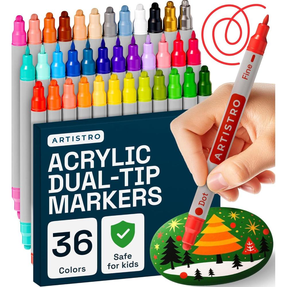 imageARTISTRO 12 Acrylic Paint Markers for Rock Fabric Wood Glass Craft Decoration DualTip Paint Pens Stocking Stuffers Christmas Gift Idea for Teens Grandkids Kids Art Supplies36