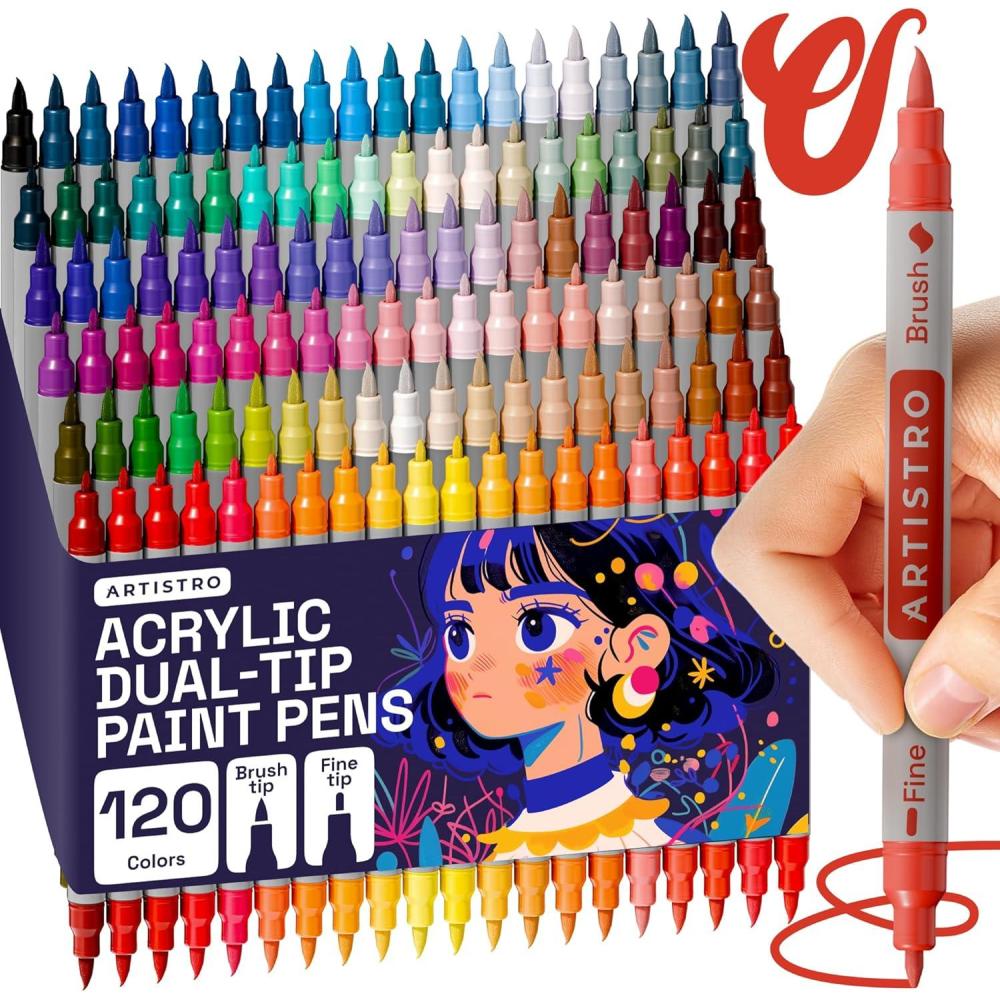 imageARTISTRO 12 Acrylic Paint Pens Dual Tip Brush Fine Ideal for Calligraphy Acrylic Paint Markers for Fabric Rock Glass Wood DIY Art Supplies Stocking Stuffers Christmas Gift Idea120