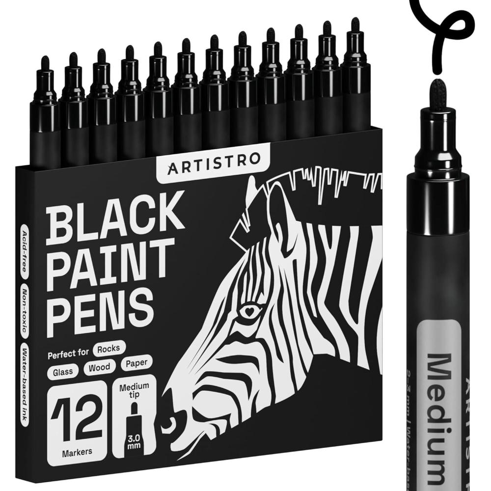 imageARTISTRO 12 Black Acrylic Paint Markers Medium Point Paint Pens for Rock Wood Glass Ceramic Black Paper Scrapbooking Crafts Card Making DIY Photo Album CeramicMedium Tip Black