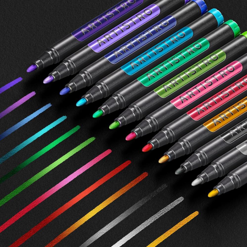 imageARTISTRO 12 Black Acrylic Paint Markers Medium Point Paint Pens for Rock Wood Glass Ceramic Black Paper Scrapbooking Crafts Card Making DIY Photo Album CeramicMedium Tip Metallic