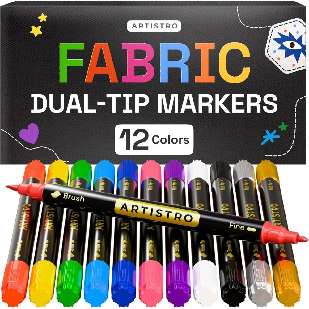 imageARTISTRO 12 DualTip Fabric Markers Fabric Decorating Kit Permanent for Clothes Acrylic Paint Pens for Sneakers Bags Shoes Textile Canvas Sewing Craft DIY Brush and Fine Tip12 Multicolor