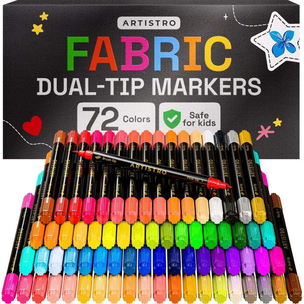 imageARTISTRO 12 DualTip Fabric Markers Fabric Decorating Kit Permanent for Clothes Acrylic Paint Pens for Sneakers Bags Shoes Textile Canvas Sewing Craft DIY Brush and Fine Tip72 Multicolor