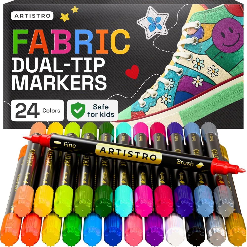 imageARTISTRO 12 DualTip Fabric Markers Fabric Decorating Kit Permanent for Clothes Acrylic Paint Pens for Sneakers Bags Shoes Textile Canvas Sewing Craft DIY Brush and Fine Tip24 Multicolor