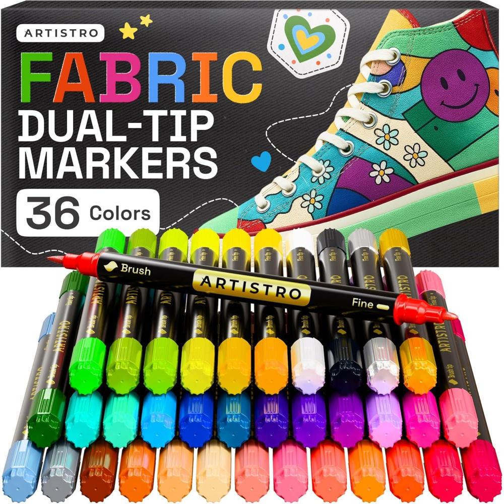 imageARTISTRO 12 DualTip Fabric Markers Fabric Decorating Kit Permanent for Clothes Acrylic Paint Pens for Sneakers Bags Shoes Textile Canvas Sewing Craft DIY Brush and Fine Tip36 Multicolor