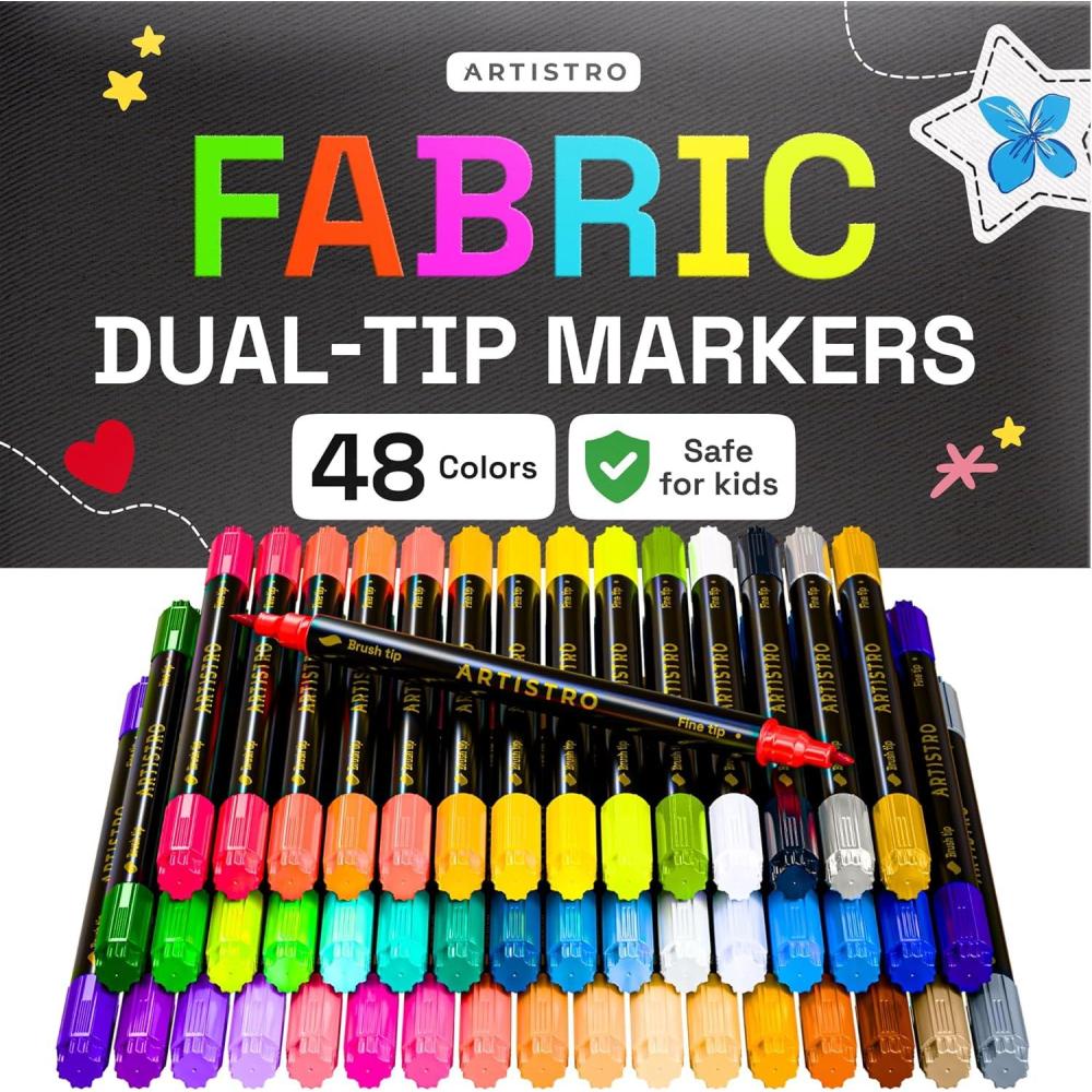 imageARTISTRO 12 DualTip Fabric Markers Fabric Decorating Kit Permanent for Clothes Acrylic Paint Pens for Sneakers Bags Shoes Textile Canvas Sewing Craft DIY Brush and Fine Tip48 Multicolor