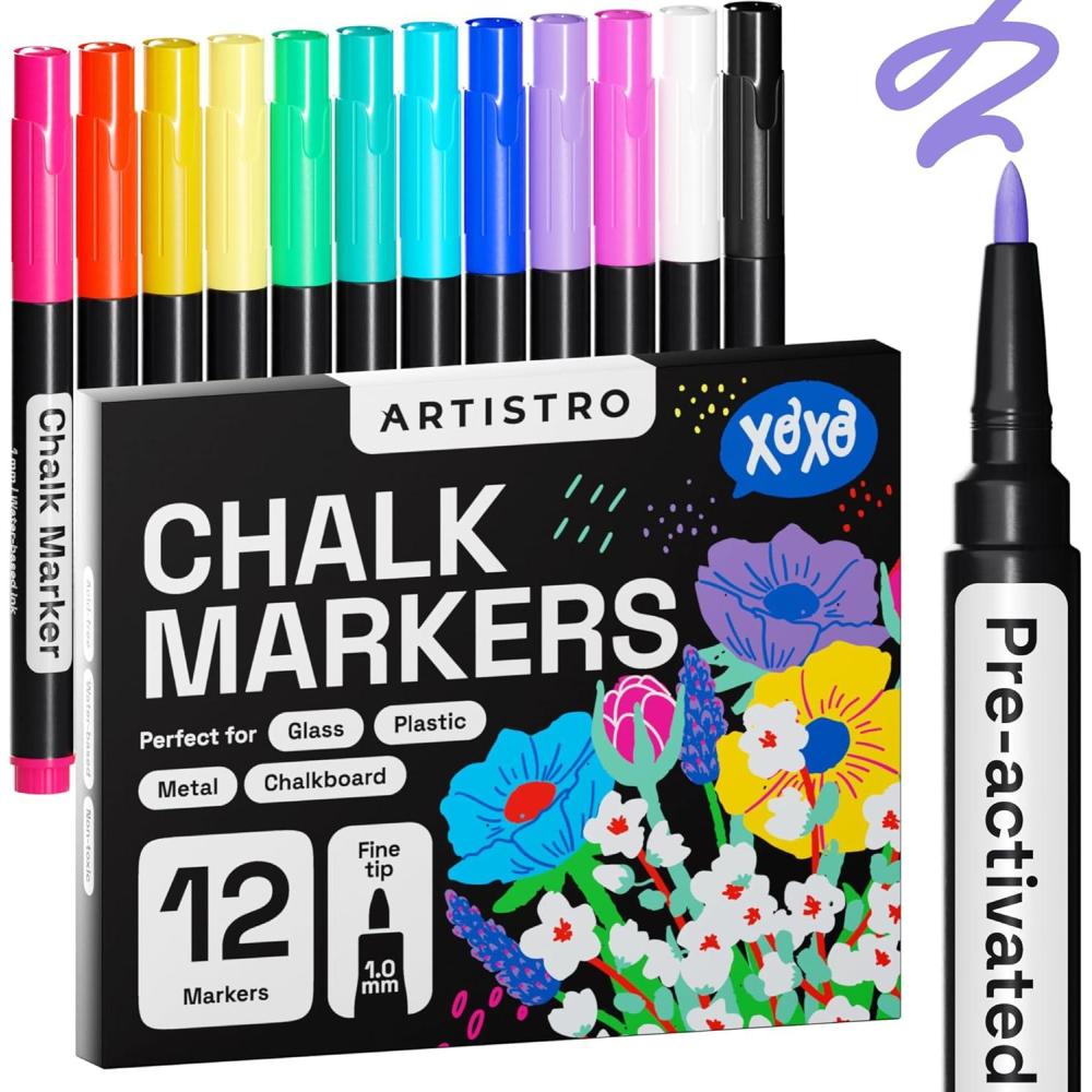 imageARTISTRO 12 Liquid Chalk Fine Tip Markers PreActivated Erasable Markers for Glass Signs Windows Cars Chalkboard Paint Pens with White Chalk for Kids ampamp Adults