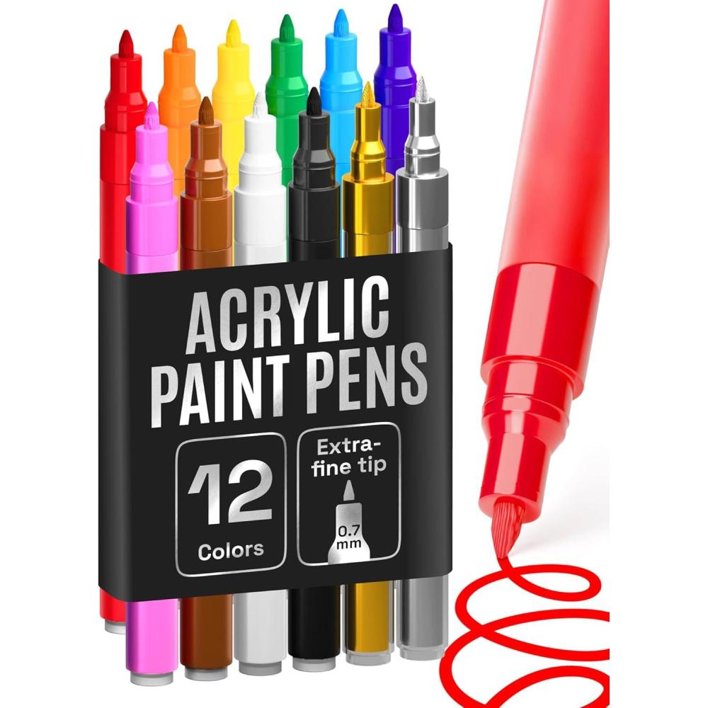 imageARTISTRO 12 Metallic Paint Pens for Glass Rock Painting Ceramic Wood Fabric Pebbles Scrapbook Journals Photo Albums Card Stocks Acrylic Paint Markers ExtraFine Tip 07mmRegular