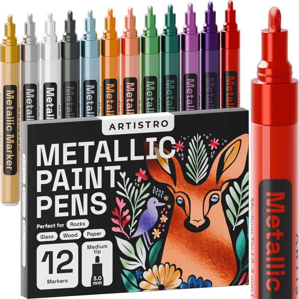 imageARTISTRO 12 Metallic Paint Pens for Glass Rock Painting Ceramic Wood Fabric Pebbles Scrapbook Journals Photo Albums Card Stocks Acrylic Paint Markers ExtraFine Tip 07mmMetallic
