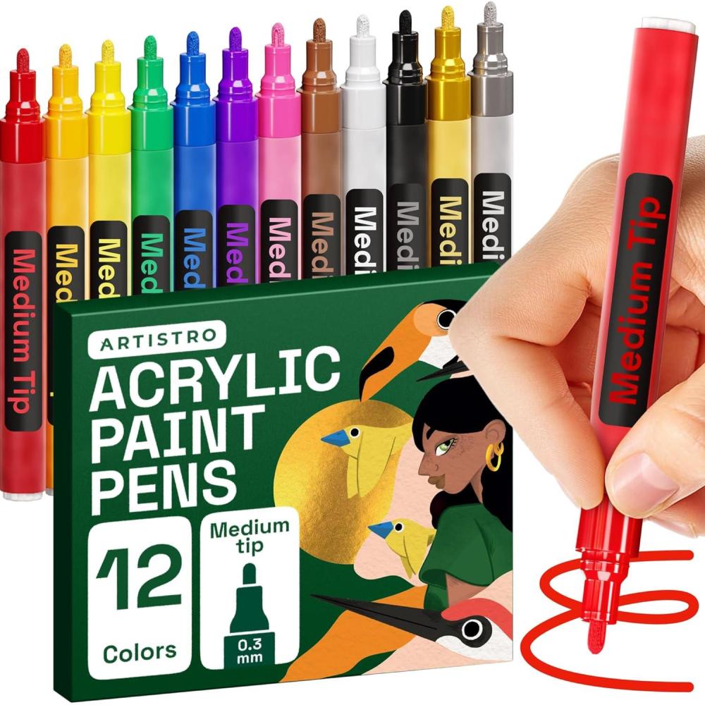 imageARTISTRO 12 Multicolor Acrylic Paint Markers Medium Point Paint Pens for Rock Wood Glass Ceramic Black Paper Scrapbooking Crafts Card Making DIY Photo Album Ceramic