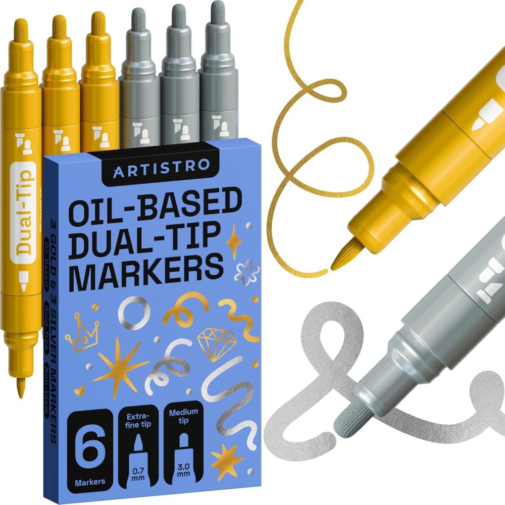 imageARTISTRO 12 Oilbased Gold ampamp Silver Paint Pens 07mm ExtraFine Markers for Tire Wood Rock Fabric Glass Ceramic Metal Plastic and More Quick Dry WaterproofGoldSilver