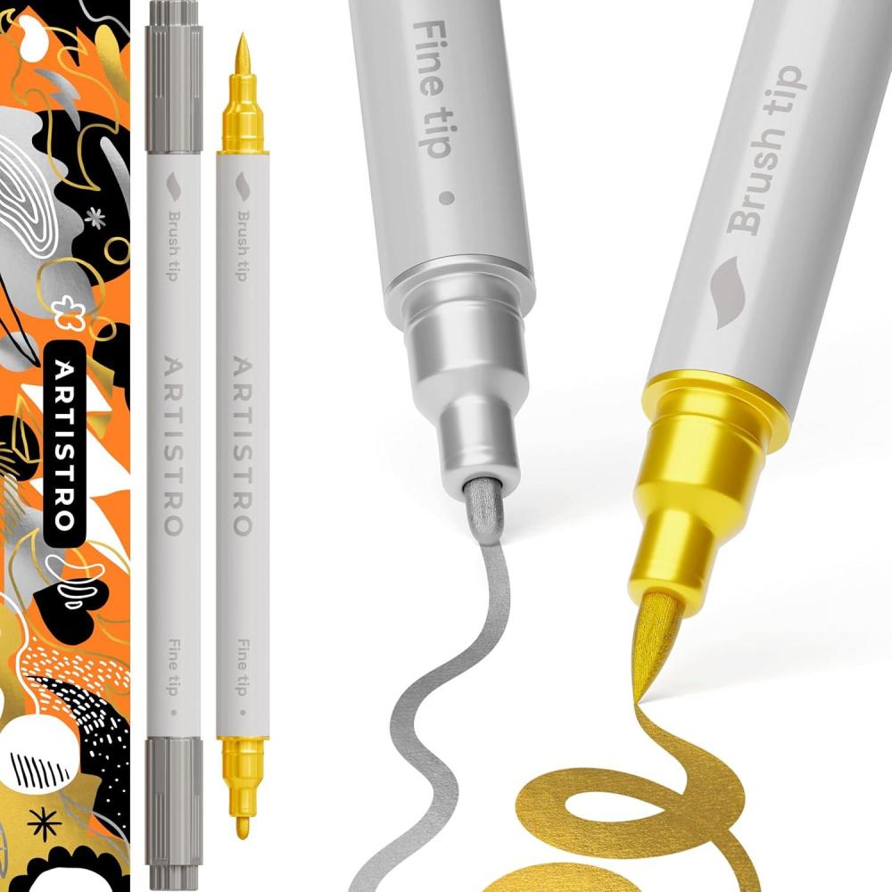 imageARTISTRO 15 Acrylic Paint Pens Art Set Acrylic Paint Markers Fabric Markers for Textile Canvas Rock Glass Wood Paper Pumpkin DIY for Kids and AdultsSilverGold