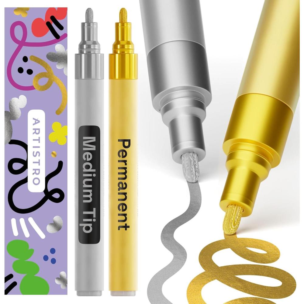 imageARTISTRO 15 OilBased Permanent Paint Markers Set of Fine Tip Markers for Wood Rock Fabric Glass Ceramic Metal Plastic and More Quick Dry Waterproof PermanentSilver Gold
