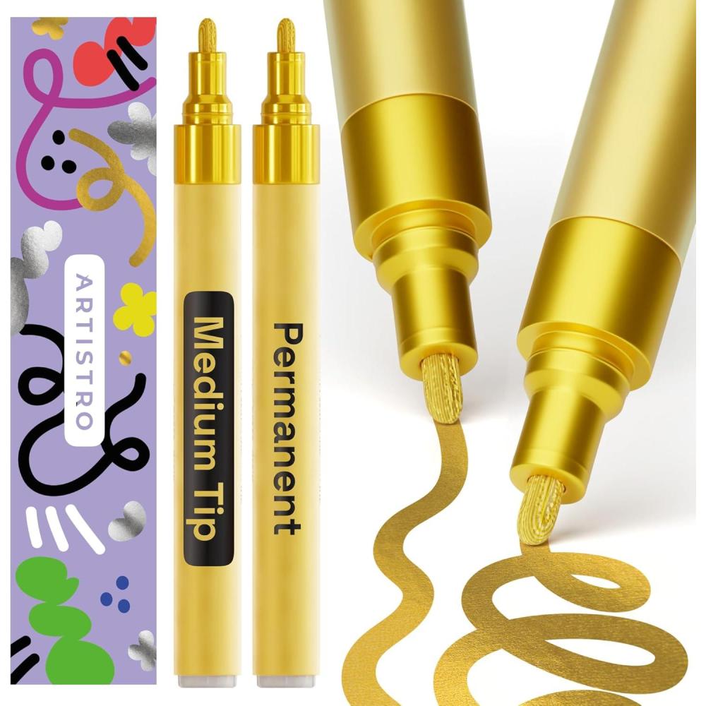 imageARTISTRO 15 OilBased Permanent Paint Markers Set of Fine Tip Markers for Wood Rock Fabric Glass Ceramic Metal Plastic and More Quick Dry Waterproof PermanentGold