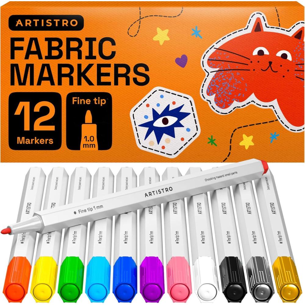 imageARTISTRO 24 Fabric Markers Fine Tip Fabric Markers Permanent for Clothes No Bleed Pens for TShirts Bags Textile Canvas and more12 fabric