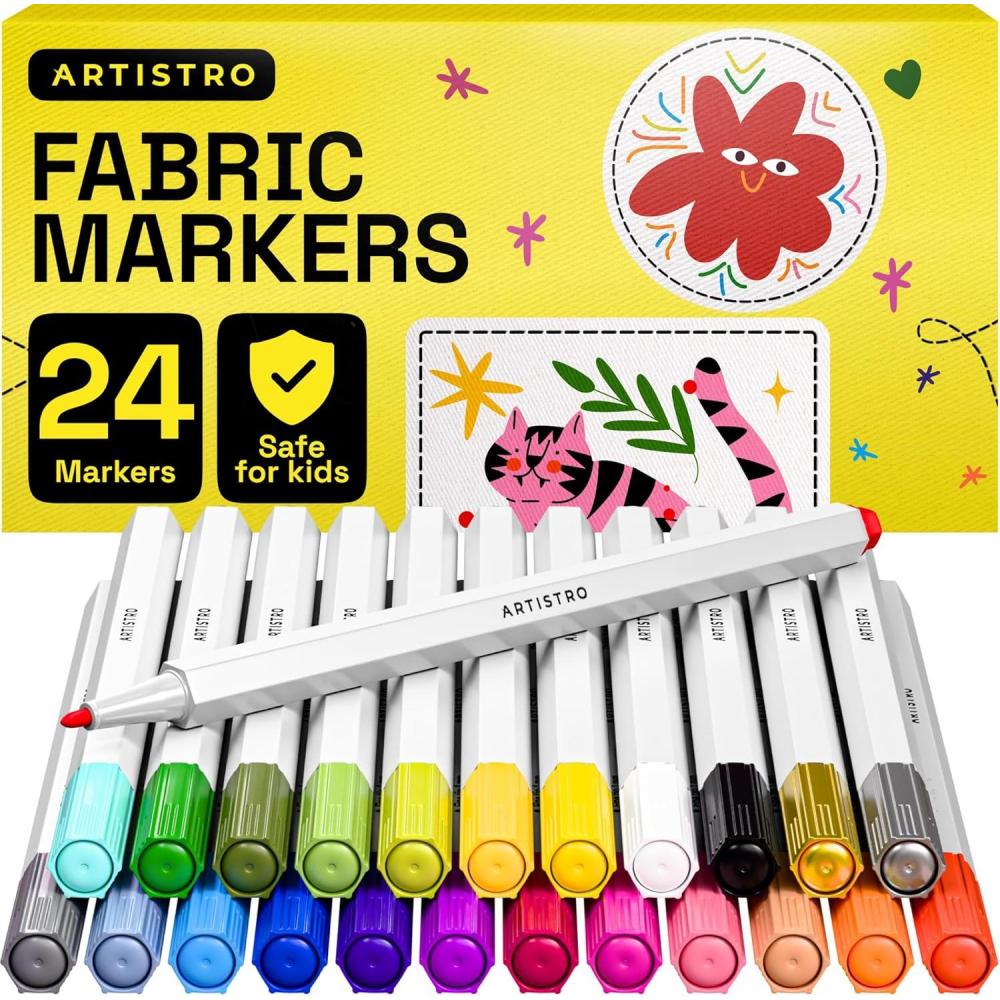 imageARTISTRO 24 Fabric Markers Fine Tip Fabric Markers Permanent for Clothes No Bleed Pens for TShirts Bags Textile Canvas and more24 fabric