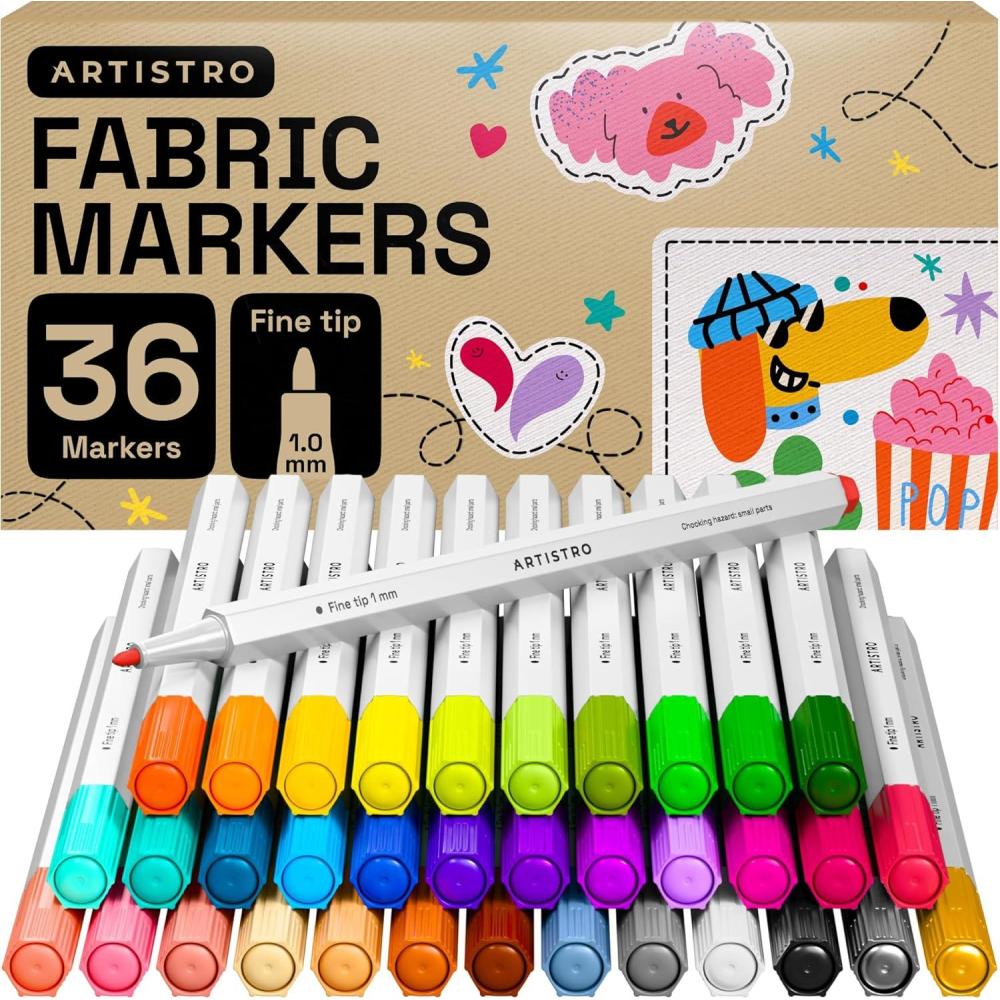 imageARTISTRO 24 Fabric Markers Fine Tip Fabric Markers Permanent for Clothes No Bleed Pens for TShirts Bags Textile Canvas and more36 fabric